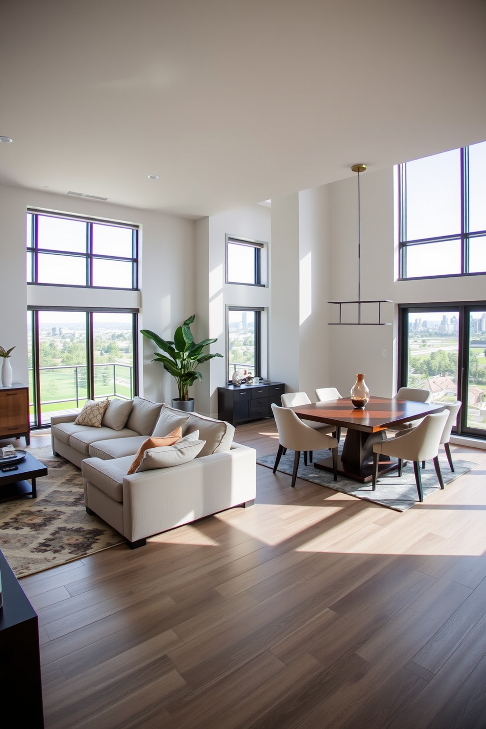 A spacious open concept living and dining area features large windows that allow natural light to flood the space. The living area is adorned with a plush sectional sofa in a soft gray fabric, complemented by a glass coffee table and a cozy area rug. Adjacent to the living space, the dining area showcases a modern wooden dining table surrounded by elegant upholstered chairs. A stylish pendant light hangs above the table, creating a warm and inviting atmosphere for gatherings.