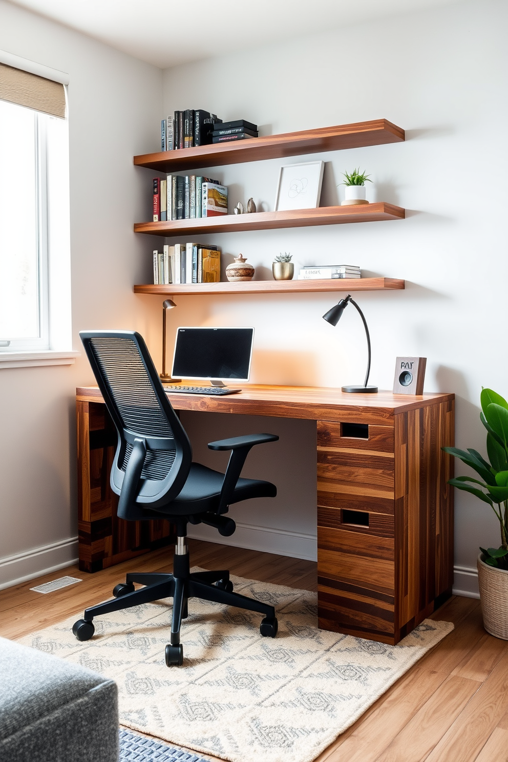 A cozy workspace nook is designed within an L-shaped apartment. The nook features a sleek desk made of reclaimed wood paired with a comfortable ergonomic chair, positioned near a window for natural light. On the wall above the desk, there are floating shelves displaying books and decorative items. A soft area rug lies underneath the desk, and a small potted plant adds a touch of greenery to the space.