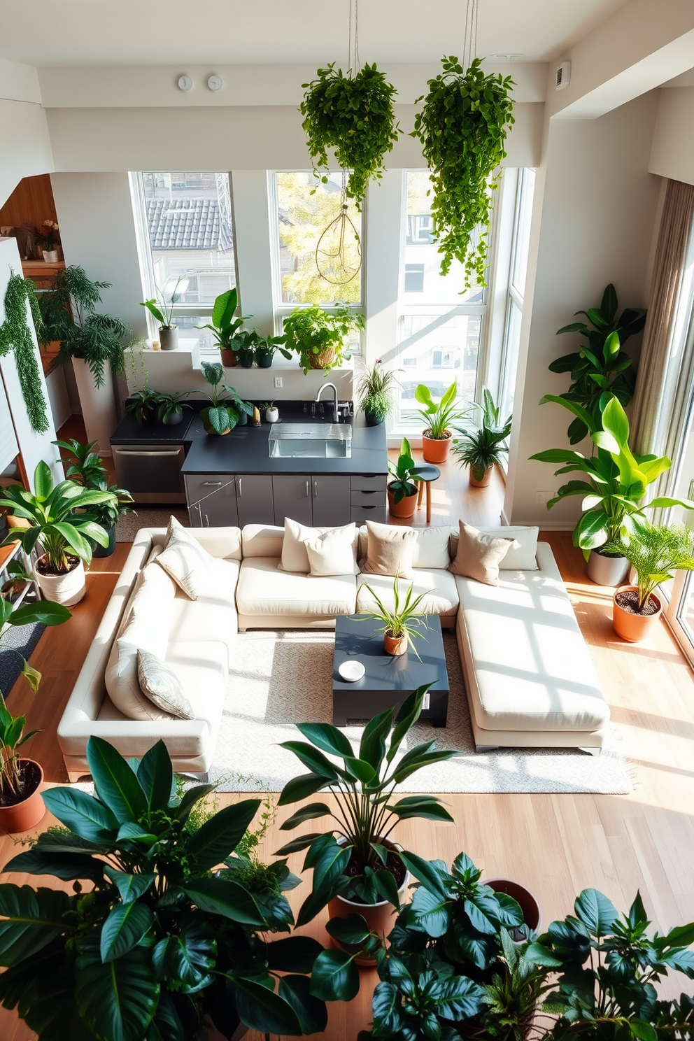 A stylish dining table serves as a room divider in an open-concept L-shaped apartment. The table is made of reclaimed wood with a natural finish, surrounded by modern upholstered chairs in a soft gray fabric. On one side of the table, a cozy dining area features a statement pendant light hanging above, while the other side opens into a spacious living area with a plush sofa and a contemporary coffee table. Large windows allow natural light to flood the space, highlighting the warm tones of the decor and creating an inviting atmosphere.