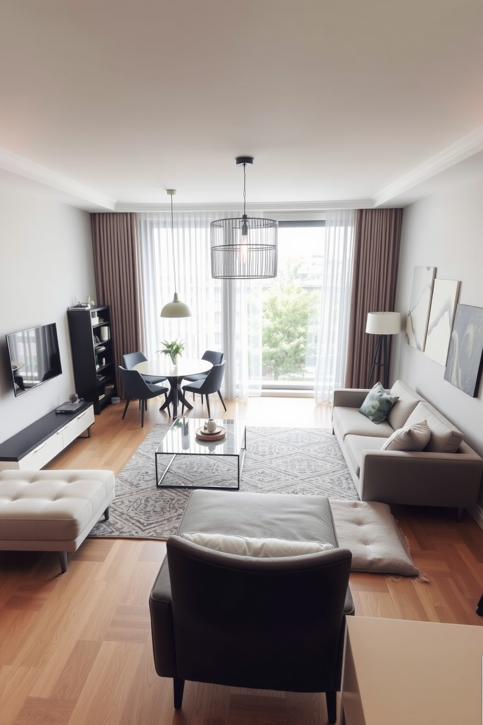 Textured rugs in varying colors and patterns are strategically placed to define different areas within the L-shaped apartment. The living space features a plush area rug in warm tones, while a contrasting geometric rug adds visual interest to the dining area. The L-shaped layout maximizes space, creating a seamless flow between the living room and kitchen. Large windows allow natural light to flood the apartment, enhancing the cozy atmosphere with carefully selected furnishings.