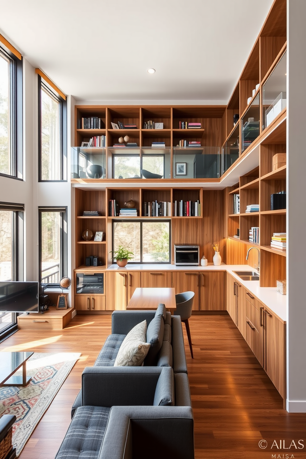 A contemporary L-shaped apartment featuring built-in shelves for optimal storage. The living area seamlessly transitions into the kitchen, showcasing a modern aesthetic with sleek cabinetry and a cozy dining nook. The shelves are adorned with books and decorative items, enhancing the space's functionality and style. Natural light floods the room through large windows, highlighting the warm wood tones and inviting atmosphere.