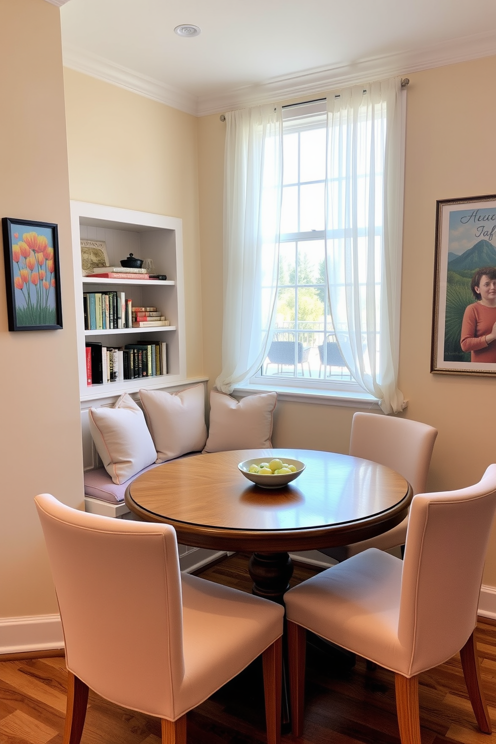 A cozy breakfast corner with a round wooden table surrounded by upholstered chairs in soft pastel colors. A large window lets in natural light, adorned with sheer white curtains that flutter gently in the breeze. In the corner, a built-in bench with plush cushions provides additional seating, while a small bookshelf displays cookbooks and decorative items. The walls are painted in a warm cream tone, complemented by a vibrant piece of artwork that adds a pop of color to the space.