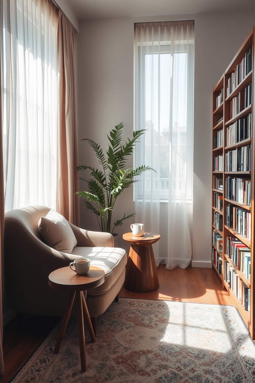 A cozy reading nook nestled in the corner of an L-shaped apartment. It features a plush armchair upholstered in soft fabric, complemented by a small wooden side table holding a steaming cup of tea. Natural light floods the space through a large window adorned with sheer curtains. A tall bookshelf filled with books lines the adjacent wall, and a soft area rug adds warmth underfoot.