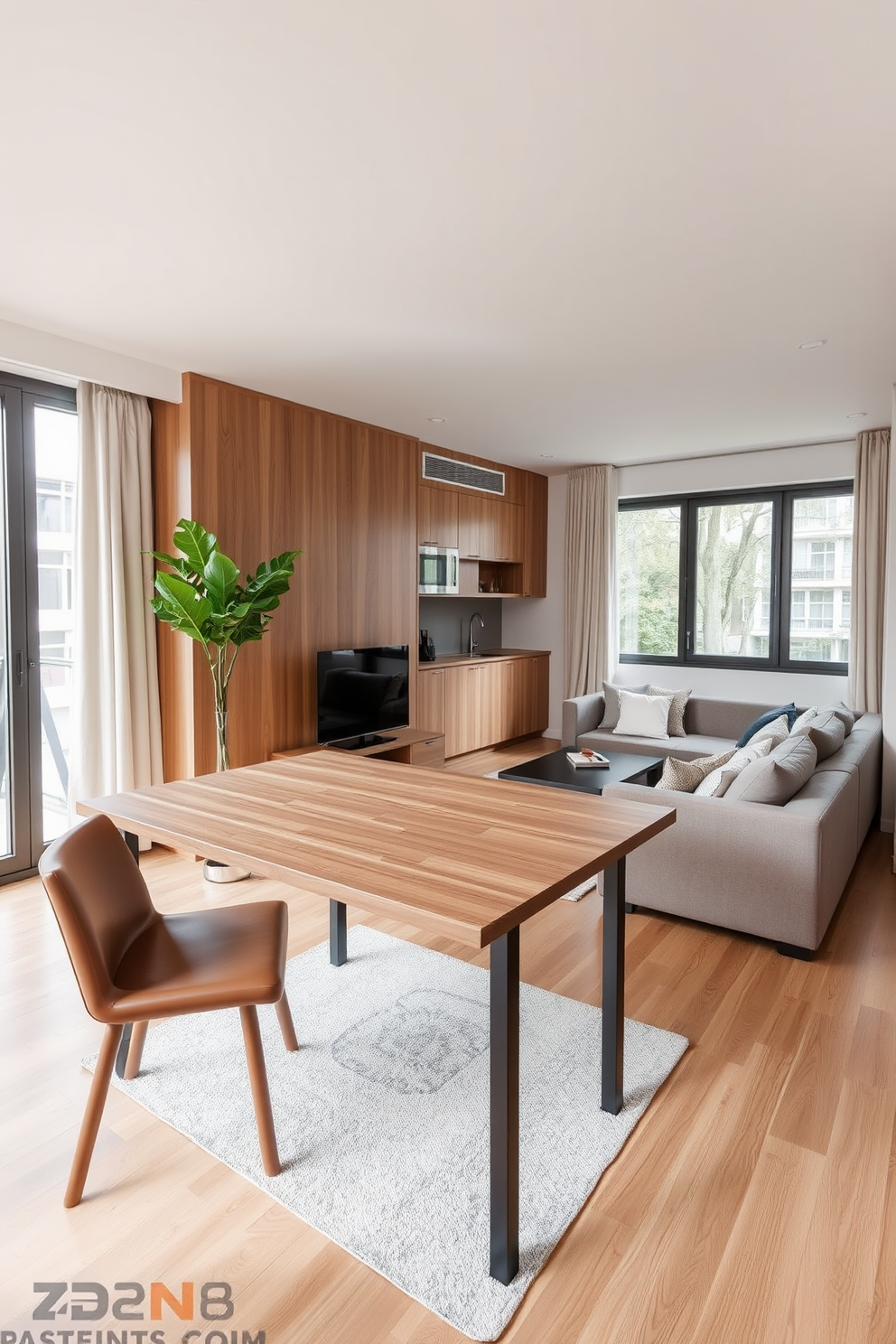 A modern living space featuring smart home technology seamlessly integrated into the design. The room includes voice-activated lighting, automated window shades, and a smart thermostat for optimal comfort. An L-shaped apartment layout that maximizes space while providing a cozy atmosphere. The design incorporates multifunctional furniture, such as a fold-out dining table and a compact sofa bed, to enhance versatility and functionality.