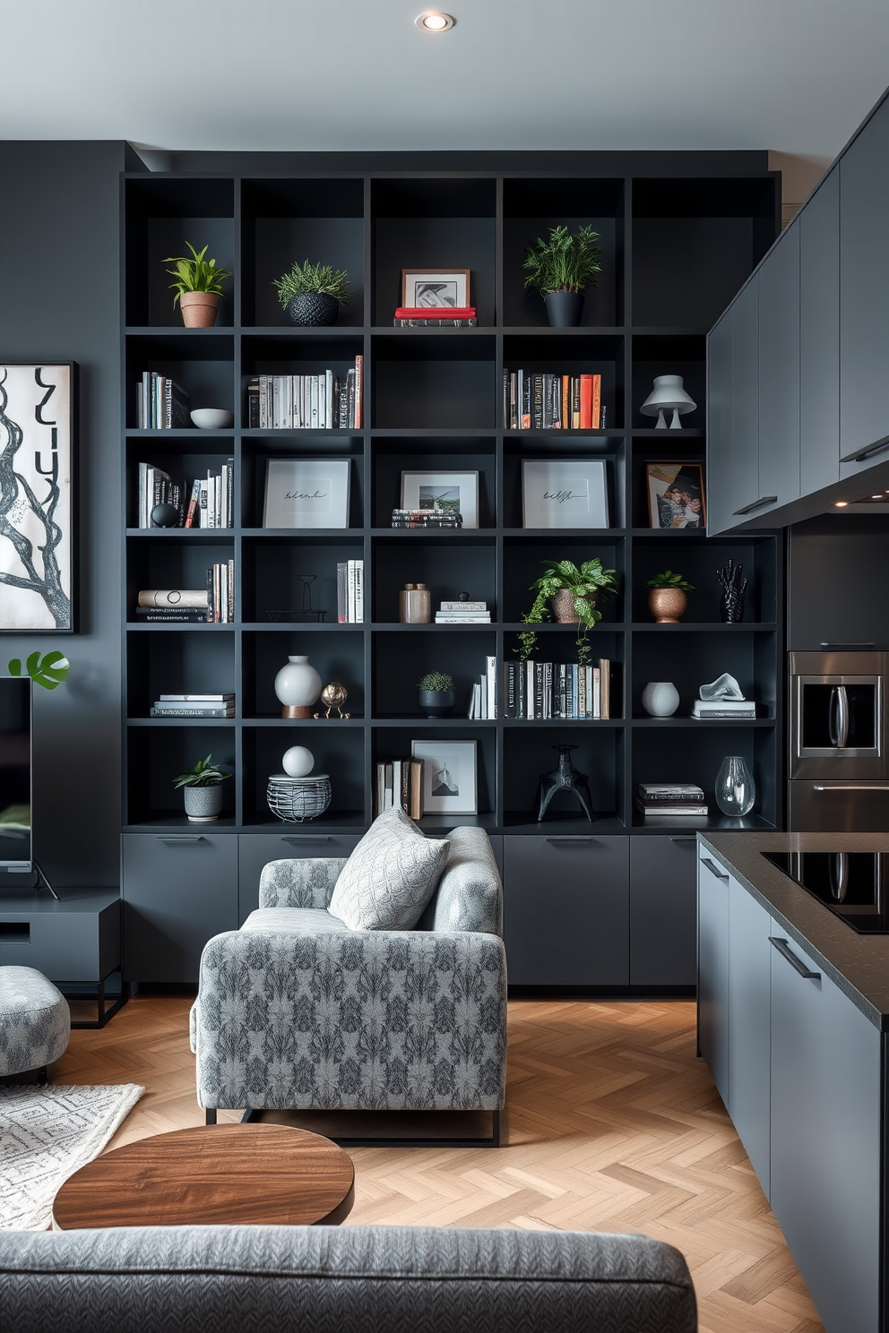 A stylish L-shaped apartment featuring open shelving that elegantly displays a curated collection of books, plants, and decorative items. The living area seamlessly flows into the kitchen, where the open shelving complements modern cabinetry and enhances the overall aesthetic of the space.