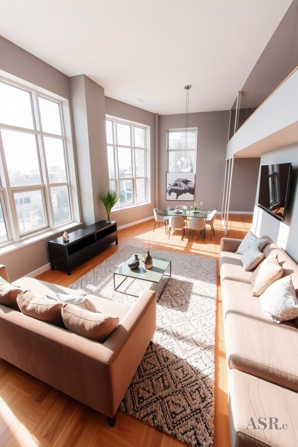 A stylish L-shaped apartment featuring a spacious living area with a large sectional sofa positioned to create a cozy conversation space. The walls are painted in a soft gray tone, and large windows allow natural light to flood the room, highlighting a modern coffee table placed in front of the sofa. Adjacent to the living area, a sleek dining space includes a rectangular table surrounded by elegant chairs. The flooring is a warm hardwood, complemented by a plush area rug that defines the seating area and adds texture to the overall design.