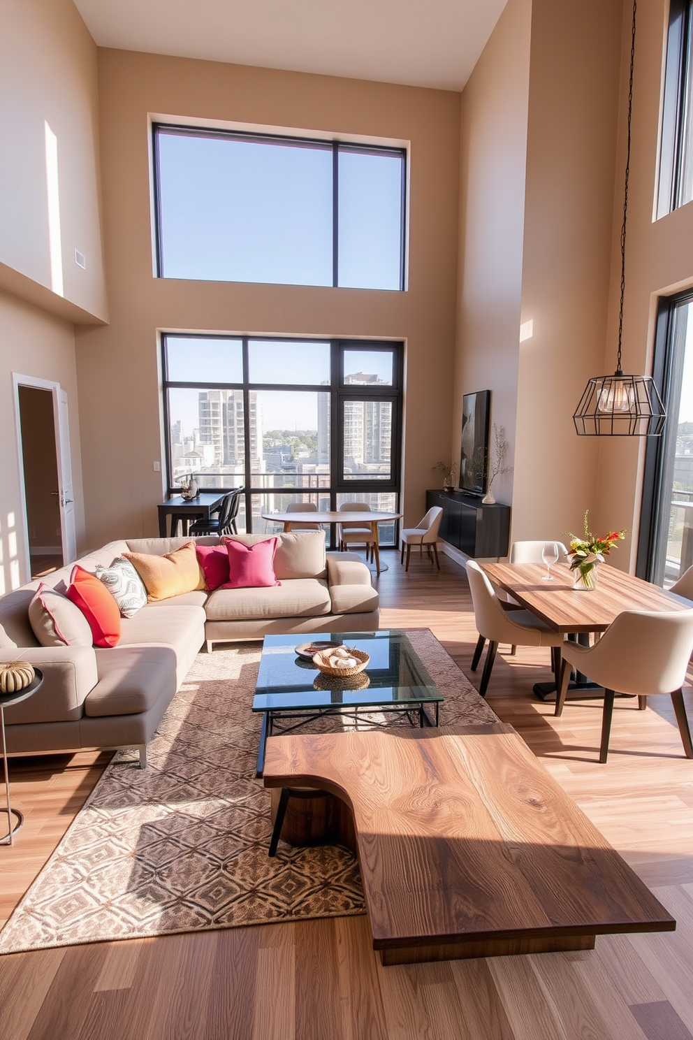 A cozy living area features a large area rug that defines the seating space, creating a warm and inviting atmosphere. The rug is layered over hardwood floors and complements the color palette of the furniture, enhancing the overall design. The L-shaped apartment design maximizes space and functionality, with an open layout that flows seamlessly between the living room and kitchen. Strategic placement of furniture and decor creates distinct zones while maintaining a cohesive aesthetic throughout the apartment.