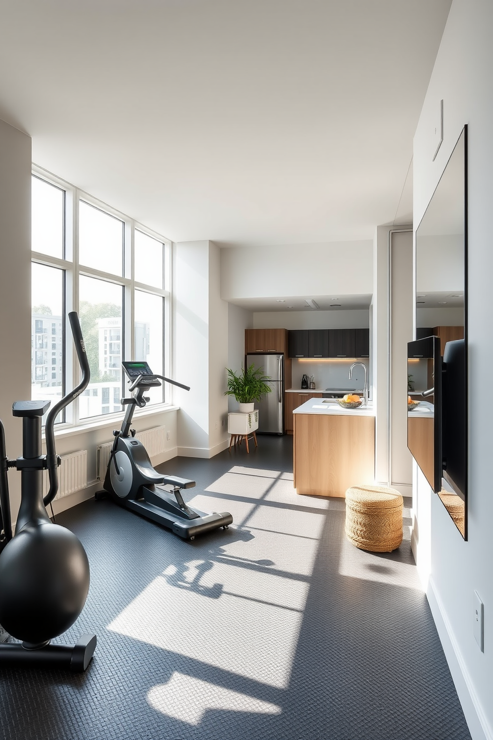 A compact home gym area featuring sleek exercise equipment and a large mirror on one wall. The flooring is a durable rubber material, and the walls are painted in a calming light gray to create an inviting workout space. An L-shaped apartment design that maximizes space with an open-concept living area and a cozy nook for relaxation. The kitchen seamlessly flows into the dining area, while large windows allow natural light to fill the room, enhancing the overall ambiance.