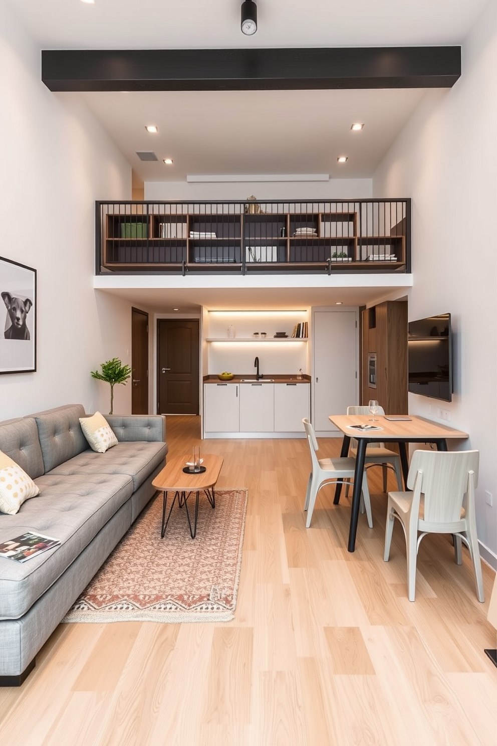 An inviting L-shaped sofa is positioned in a cozy living room, upholstered in a soft gray fabric that complements the warm wooden tones of the flooring. A stylish coffee table sits in front of the sofa, adorned with a stack of design magazines and a decorative candle. The layout of the apartment features an open concept design, seamlessly connecting the living area to a modern kitchen with sleek cabinetry. Large windows allow natural light to flood the space, enhancing the airy feel and highlighting the contemporary decor throughout.