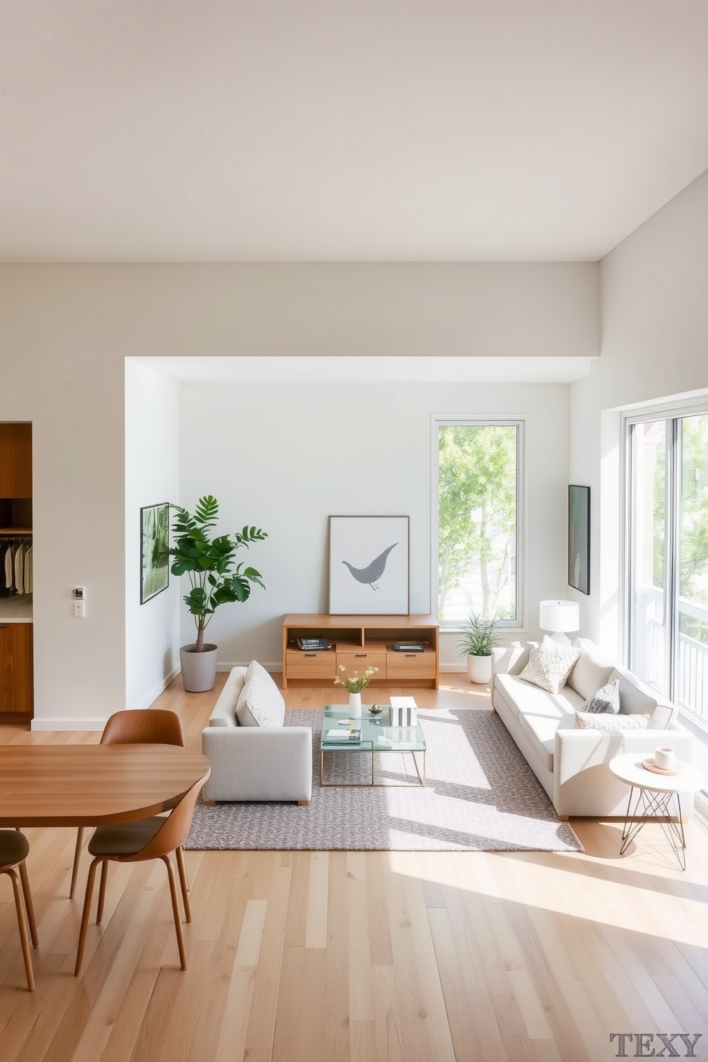 Create an inviting L-shaped apartment that maximizes natural light through large, strategically placed windows. The open layout should seamlessly connect the living area to the kitchen, featuring light-colored walls and airy furnishings to enhance the brightness.