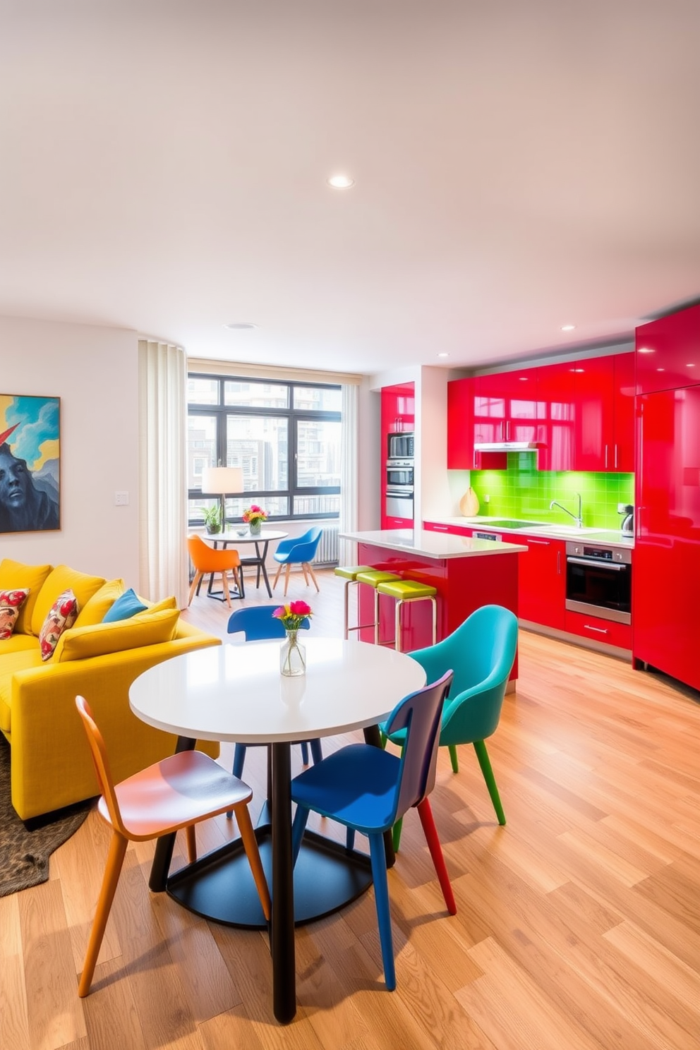 A modern L-shaped apartment with bright accent colors that enhance the vibrancy of the space. The living area features a bold yellow sofa paired with a turquoise accent chair, and colorful artwork adorns the walls. The kitchen showcases vibrant red cabinetry complemented by a playful green backsplash. A dining table with mismatched colorful chairs creates an inviting atmosphere for meals and gatherings.