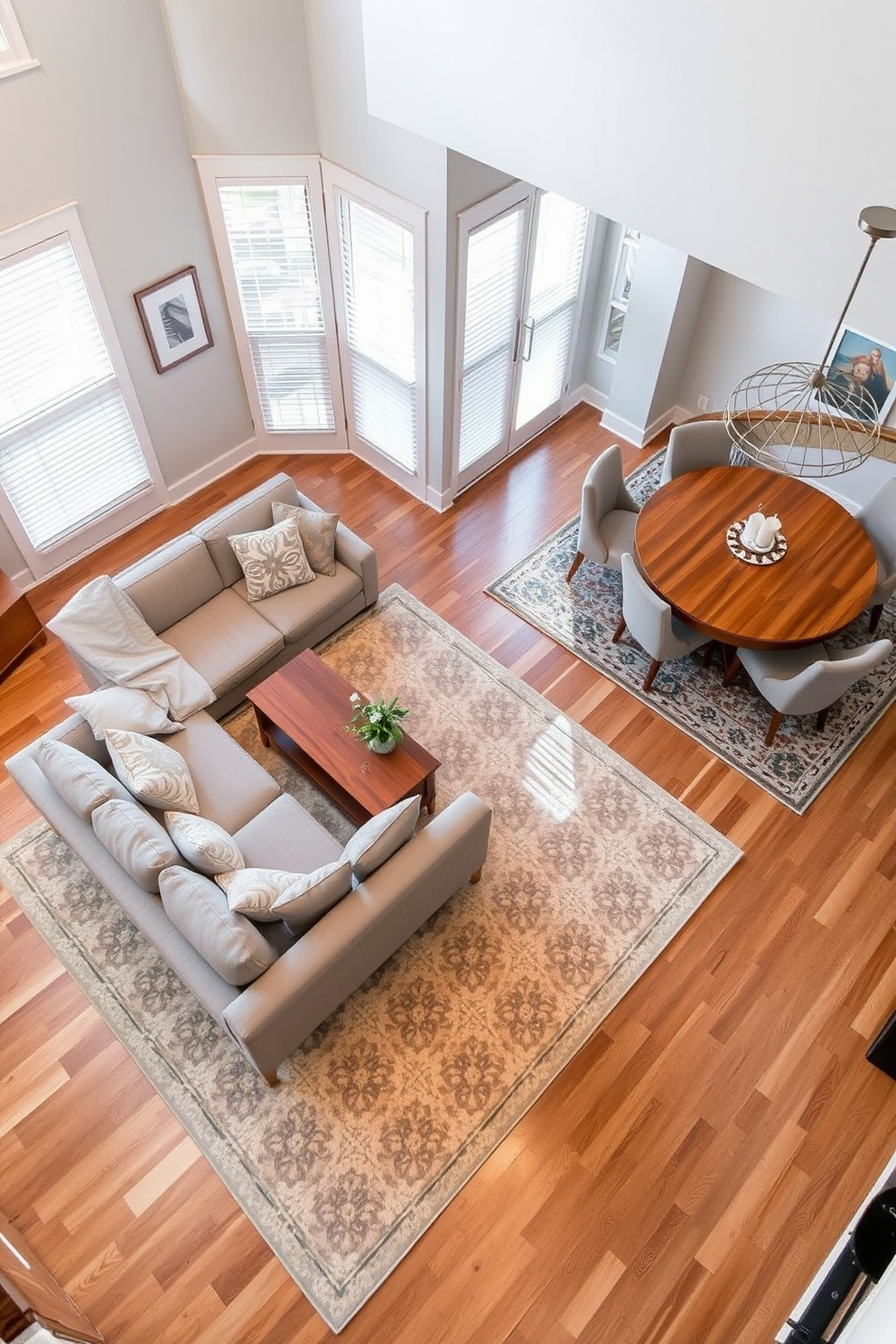 A cozy living area features an L-shaped sectional sofa upholstered in a soft gray fabric, positioned around a central coffee table. A large area rug in a neutral tone anchors the seating arrangement, creating a defined space for relaxation and conversation. Adjacent to the living area, a dining nook showcases a round wooden table surrounded by upholstered chairs, all set on a complementary rug that adds warmth. The open layout enhances the flow between the living and dining spaces, while strategically placed lighting highlights each area.