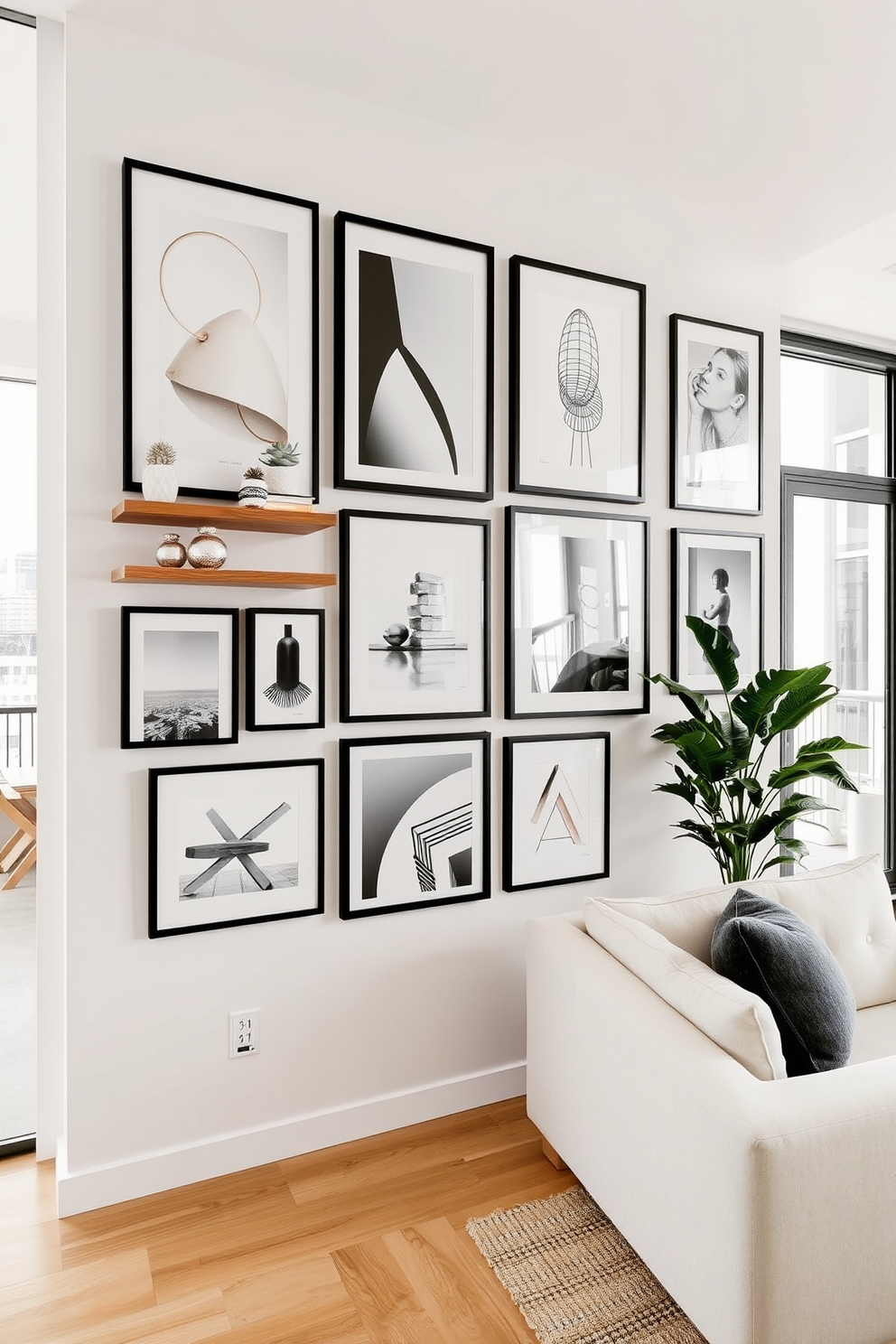 Create a gallery wall featuring a mix of framed artworks including abstract pieces and black and white photography. The wall is adorned with various sizes of frames arranged in a cohesive layout, complemented by decorative shelves displaying small sculptures and plants. Design an L-shaped apartment that maximizes space and functionality. The layout includes an open-concept living area that flows into a cozy dining nook, with large windows allowing natural light to fill the space.