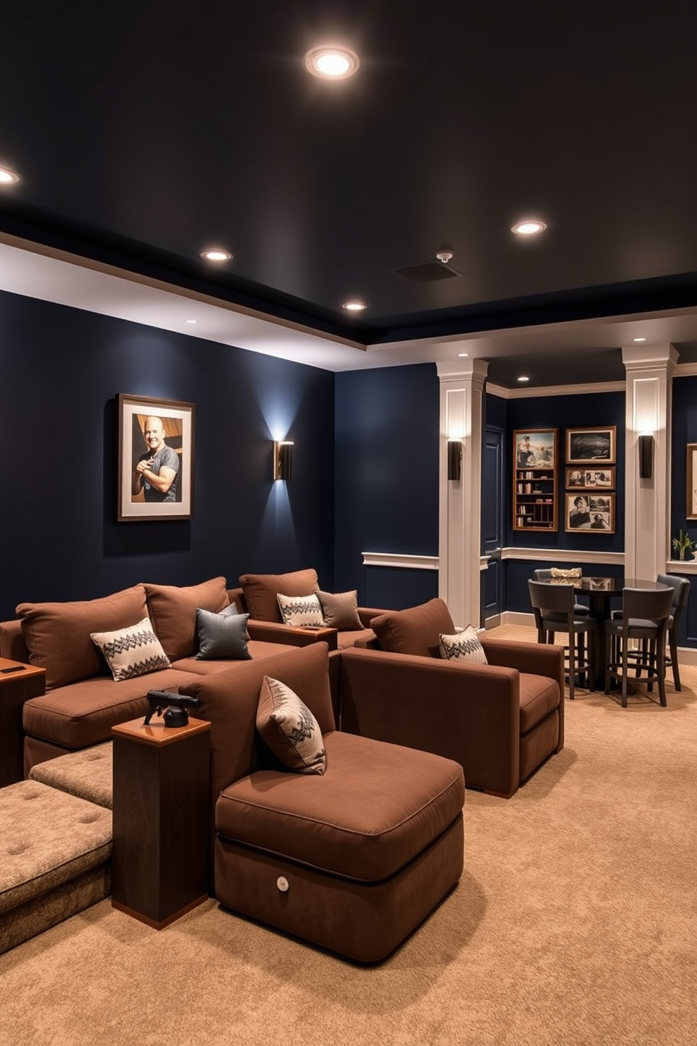 Cozy home theater with plush seating. The walls are painted a deep navy blue, and soft lighting creates an inviting atmosphere. L-Shaped basement design ideas. One side features a comfortable lounge area with a sectional sofa, while the other side includes a game table and bar for entertaining.