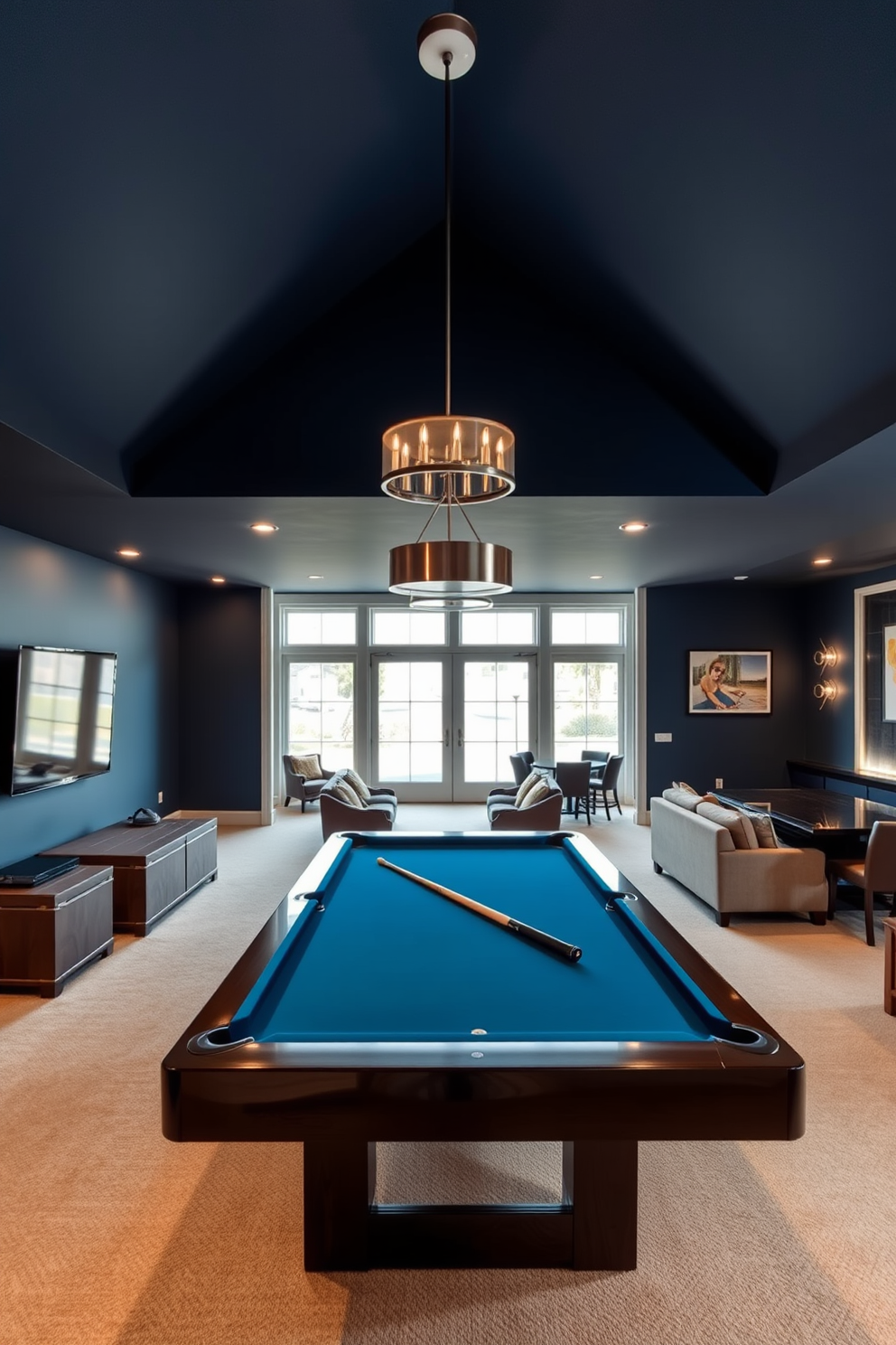 A creative craft room filled with organized supplies. The walls are painted in a bright, inspiring color, and shelves are lined with neatly arranged jars of buttons, threads, and papers. An L-shaped basement designed for relaxation and entertainment. One side features a cozy seating area with plush sofas and a coffee table, while the other side includes a small bar with high stools and ambient lighting.