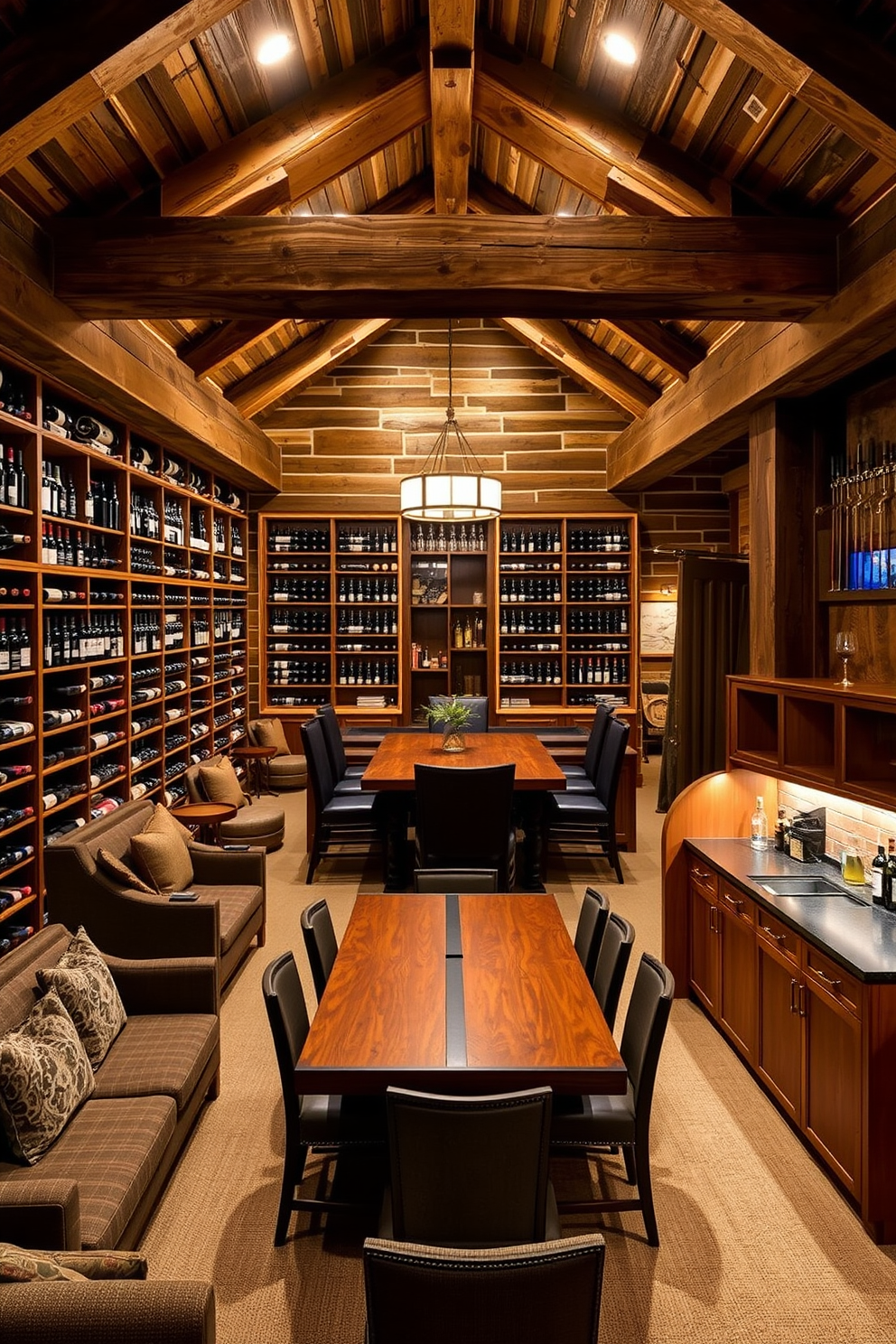 A rustic wine cellar featuring exposed wooden beams and shelves filled with an extensive selection of wines. The walls are adorned with reclaimed wood, and a large wooden tasting table sits in the center, surrounded by high-backed chairs. An L-shaped basement design that maximizes space with cozy seating areas and ambient lighting. The layout includes a wet bar with wooden cabinetry and a game area with a pool table, creating an inviting atmosphere for entertainment.