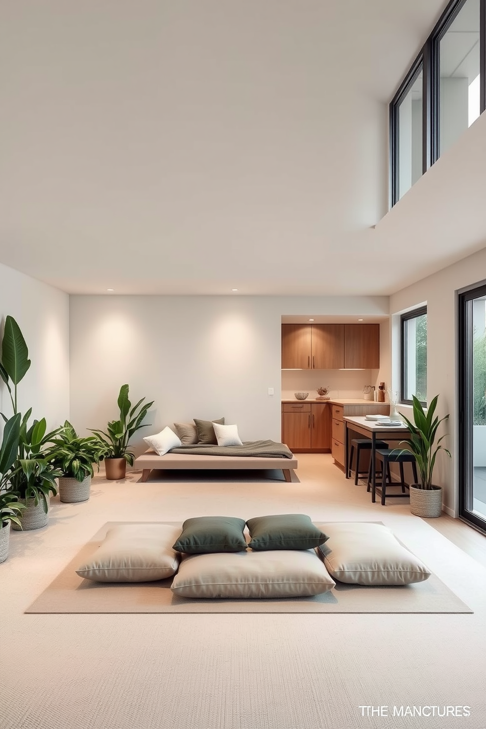 A serene minimalist meditation space designed for relaxation. The room features soft neutral tones with a low-profile platform bed and large floor cushions surrounded by plants for a calming atmosphere. An inviting L-shaped basement design that maximizes space and functionality. The area includes a cozy seating nook with a sectional sofa, a small bar area, and large windows that bring in natural light.