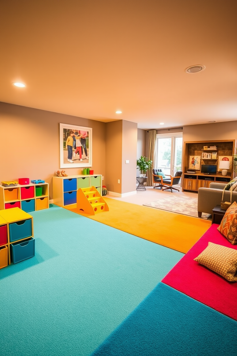 A vibrant children's play area features soft, cushioned flooring in bright colors to ensure safety and comfort. Various playful elements such as a small climbing structure, colorful storage bins, and a cozy reading nook create an engaging environment for children. The L-shaped basement design incorporates a multifunctional space that includes a cozy lounge area and a small home office. Large windows allow natural light to flood the room, while stylish furniture and warm lighting create an inviting atmosphere.