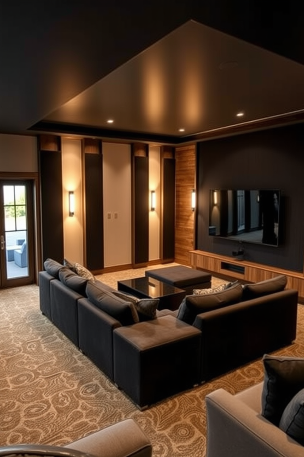 A stylish media room features a plush sectional sofa arranged around a large flat-screen television mounted on the wall. Soft ambient lighting creates a cozy atmosphere, while dark acoustic panels enhance sound quality for an immersive viewing experience. The L-shaped basement design includes a functional layout with a designated entertainment area and a small kitchenette. Warm wood accents and comfortable seating invite relaxation, while large windows provide natural light and a sense of openness.