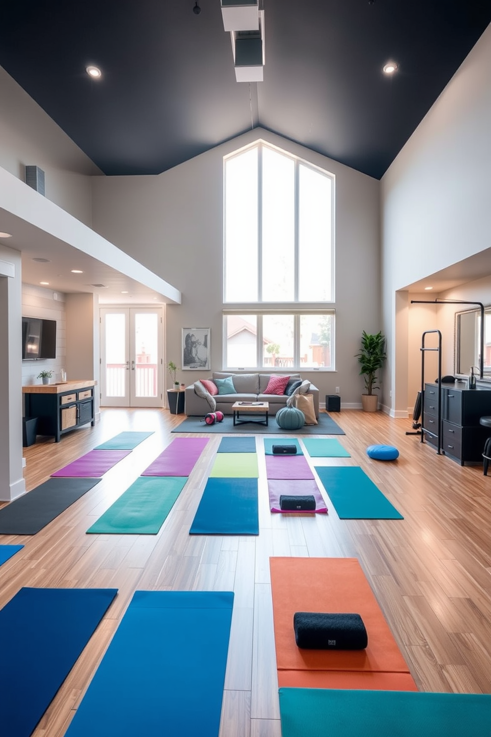 A bright workout area featuring colorful yoga mats spread across a spacious floor. Large windows allow natural light to flood the space, creating an inviting atmosphere for exercise. An L-shaped basement designed for both relaxation and entertainment. The area includes a cozy seating arrangement, a small bar, and a home gym setup, all complemented by soft ambient lighting.