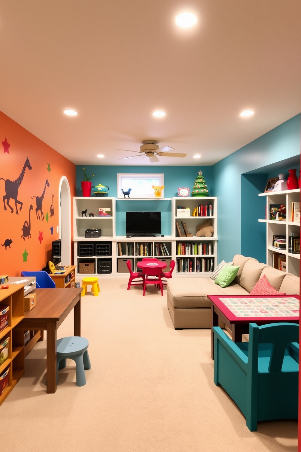 Bright playroom with colorful decor. The walls are painted in vibrant hues, and there are playful wall decals featuring animals and shapes. L-Shaped basement design ideas. The space includes a cozy seating area with a sectional sofa, a game table, and built-in shelving for books and games.