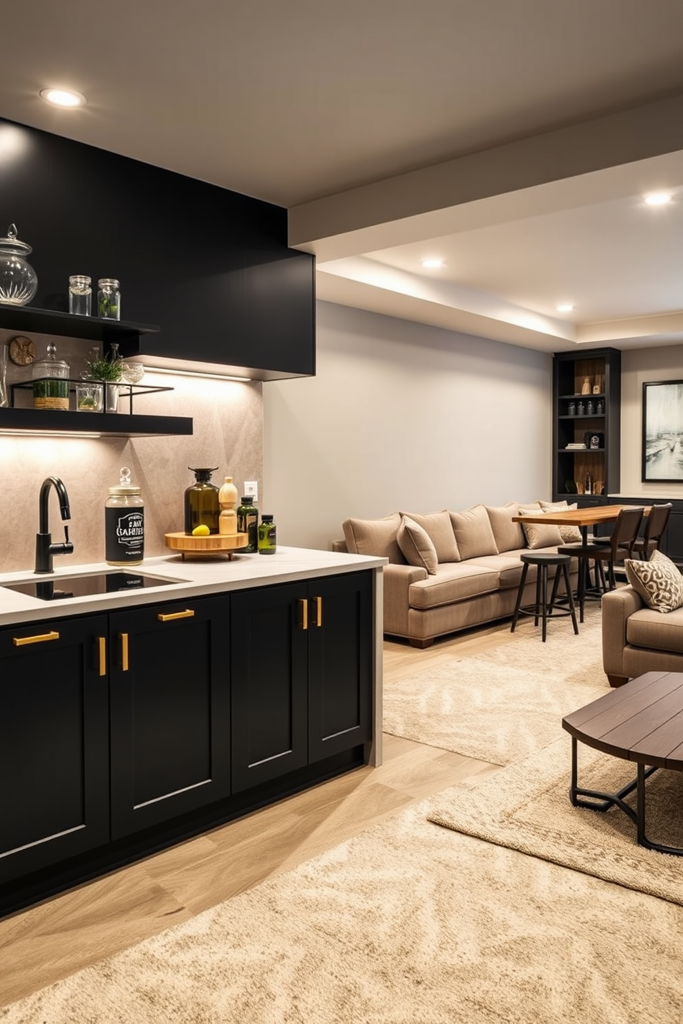 A trendy kitchenette designed for snacks and drinks features sleek cabinetry in a matte black finish with brass hardware. The countertop is a polished quartz in a light color, complemented by open shelving displaying stylish glassware and decorative jars. The L-shaped basement design maximizes space while providing a cozy atmosphere. It includes a plush sectional sofa, a rustic coffee table, and a built-in bar area with high stools, all illuminated by warm recessed lighting.