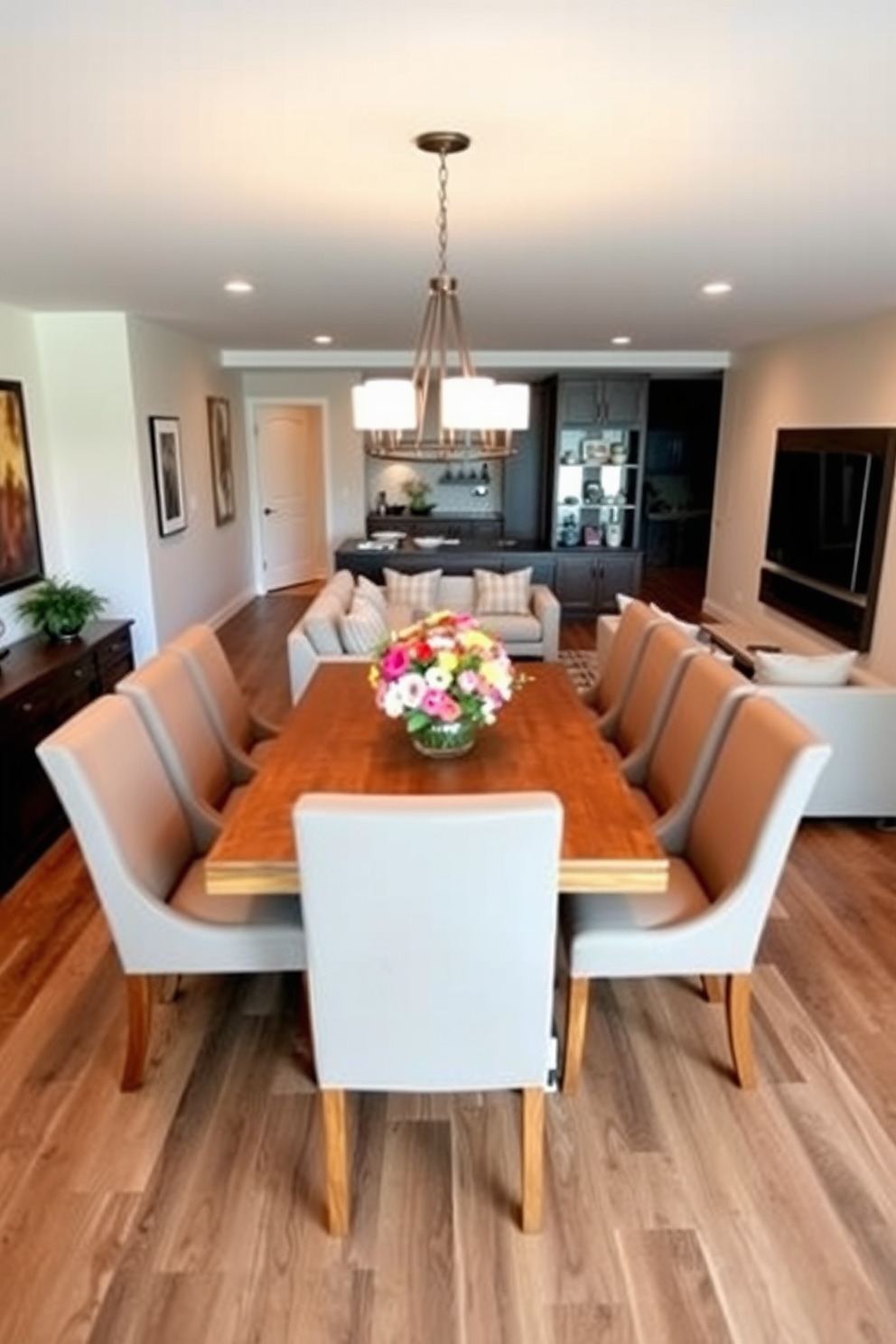 Inviting dining area for family meals. A large wooden table is surrounded by comfortable upholstered chairs, with a centerpiece of fresh flowers adding a touch of color. L-Shaped basement design ideas. The space features a cozy seating area with a sectional sofa, complemented by a modern coffee table and a wall-mounted entertainment unit.