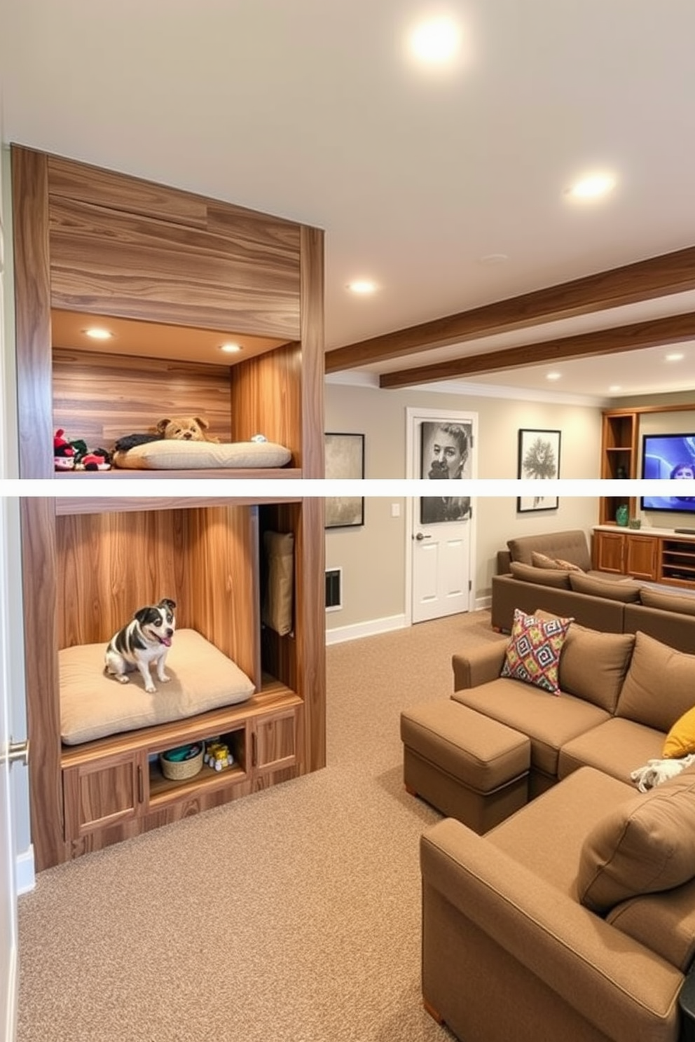 A unique pet area with built-in features includes a cozy nook designed specifically for your pet's comfort. It features a plush bed integrated into a wooden structure with storage for toys and accessories. The L-shaped basement design incorporates a spacious entertainment zone with a large sectional sofa and a home theater setup. Adjacent to this area, a small kitchenette provides convenience for snacks and drinks during gatherings.