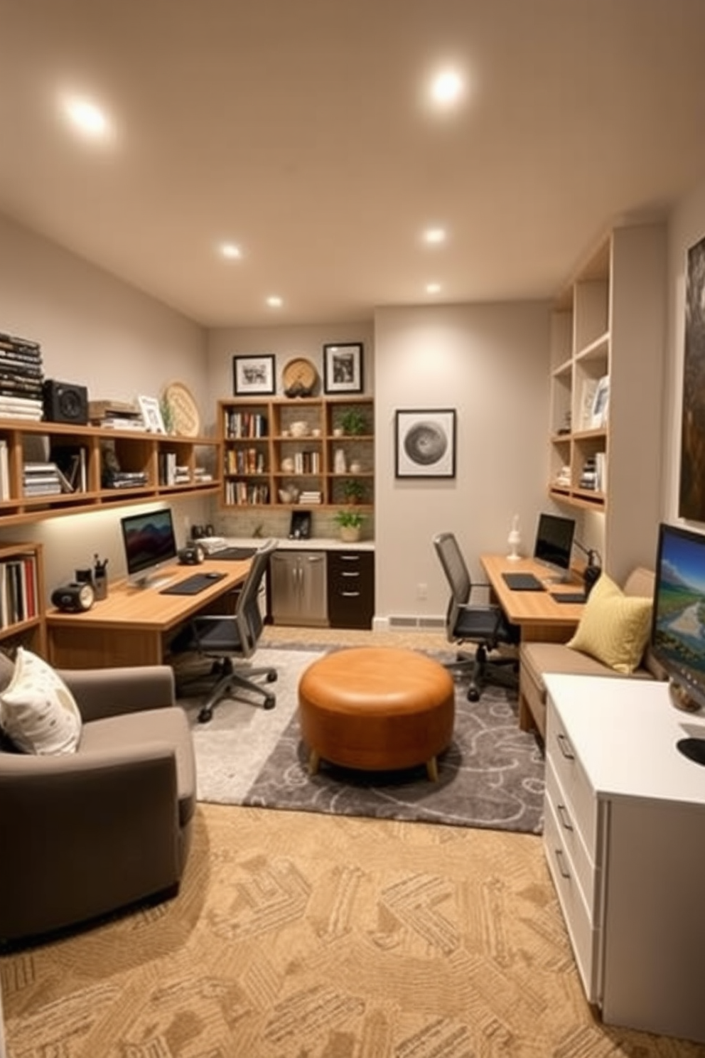 Creative home office with dual workspaces. The design features two ergonomic desks facing each other, surrounded by shelves filled with books and decorative items. L-Shaped Basement Design Ideas. The layout includes a cozy seating area with a sectional sofa, a small kitchenette, and a dedicated workspace with a modern desk and ample lighting.