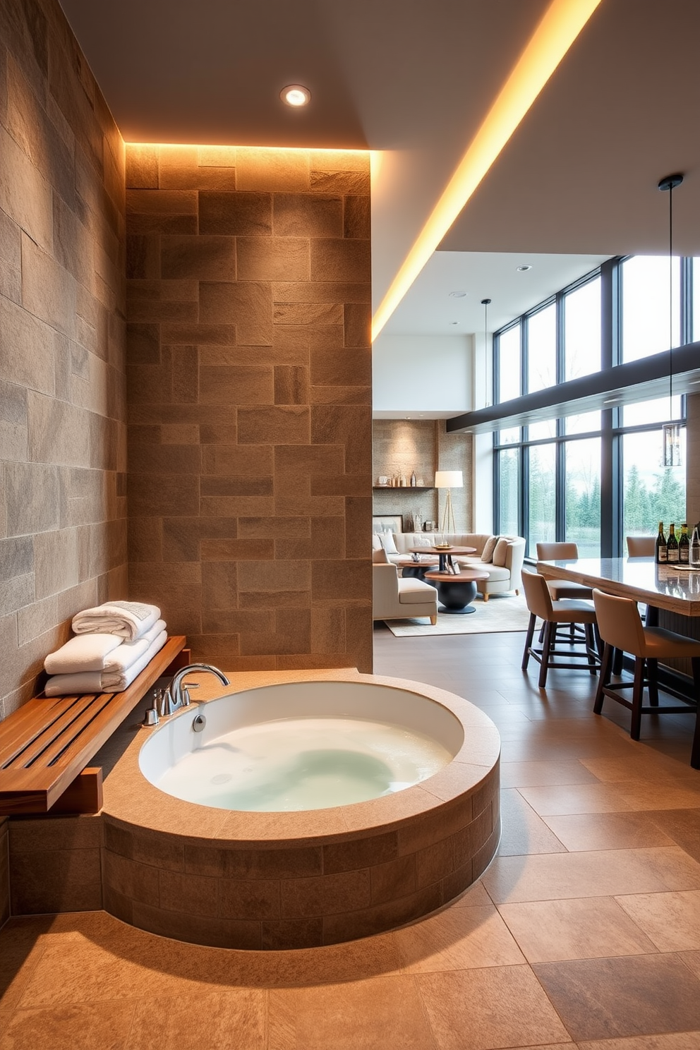 A luxurious spa area featuring a deep soaking tub surrounded by natural stone walls. Soft ambient lighting creates a serene atmosphere with plush towels neatly arranged on a nearby wooden shelf. An L-shaped basement design that maximizes space with a cozy seating area and a stylish bar. Large windows allow natural light to flood the room, enhancing the modern decor and inviting ambiance.