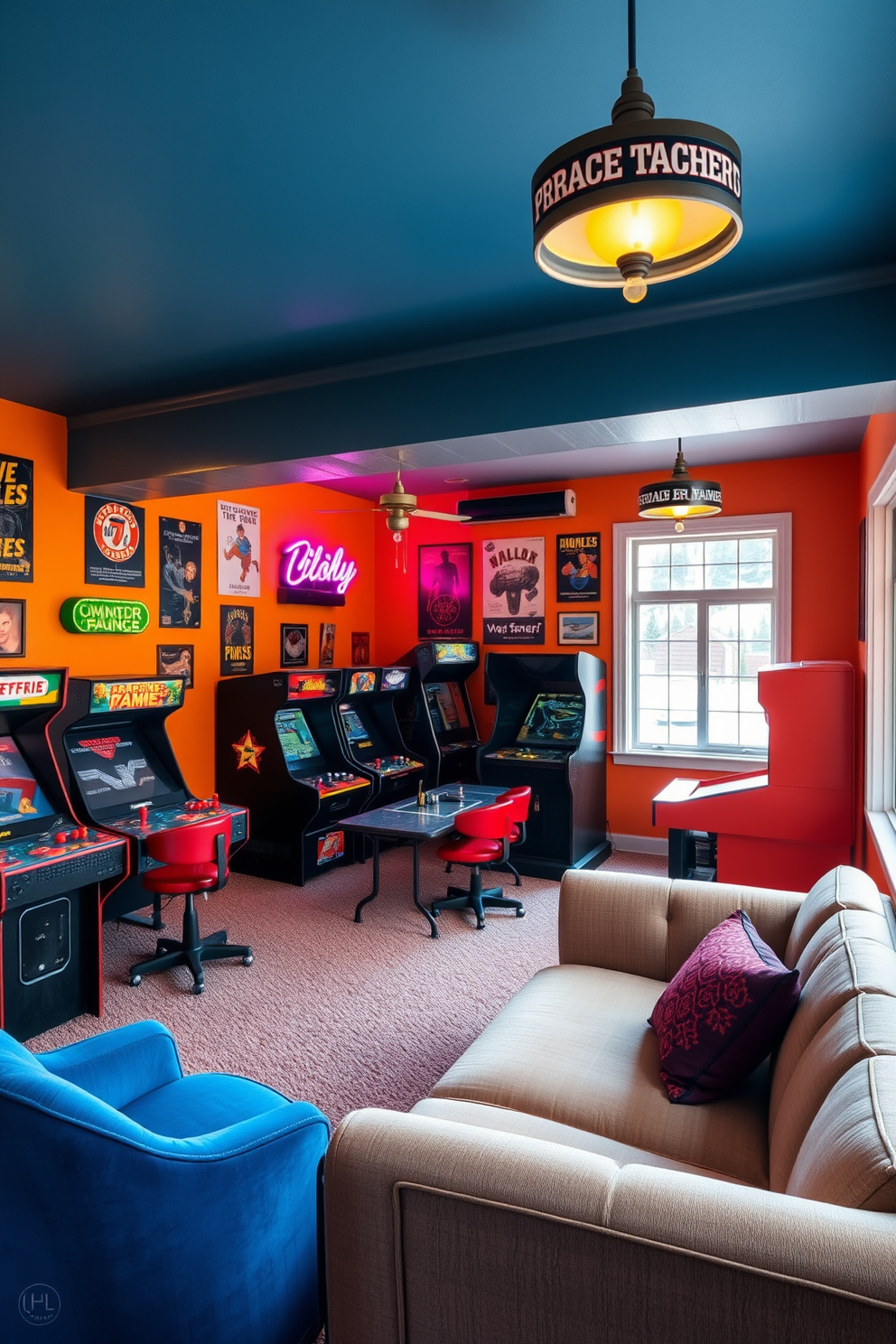 A fun arcade room filled with vintage games creates a nostalgic atmosphere. Brightly colored walls are adorned with retro posters and neon lights while a plush seating area invites relaxation. The L-shaped basement design features a cozy lounge area on one side and a game zone on the other. Elegant lighting fixtures hang from the ceiling, and large windows provide natural light, enhancing the inviting ambiance.