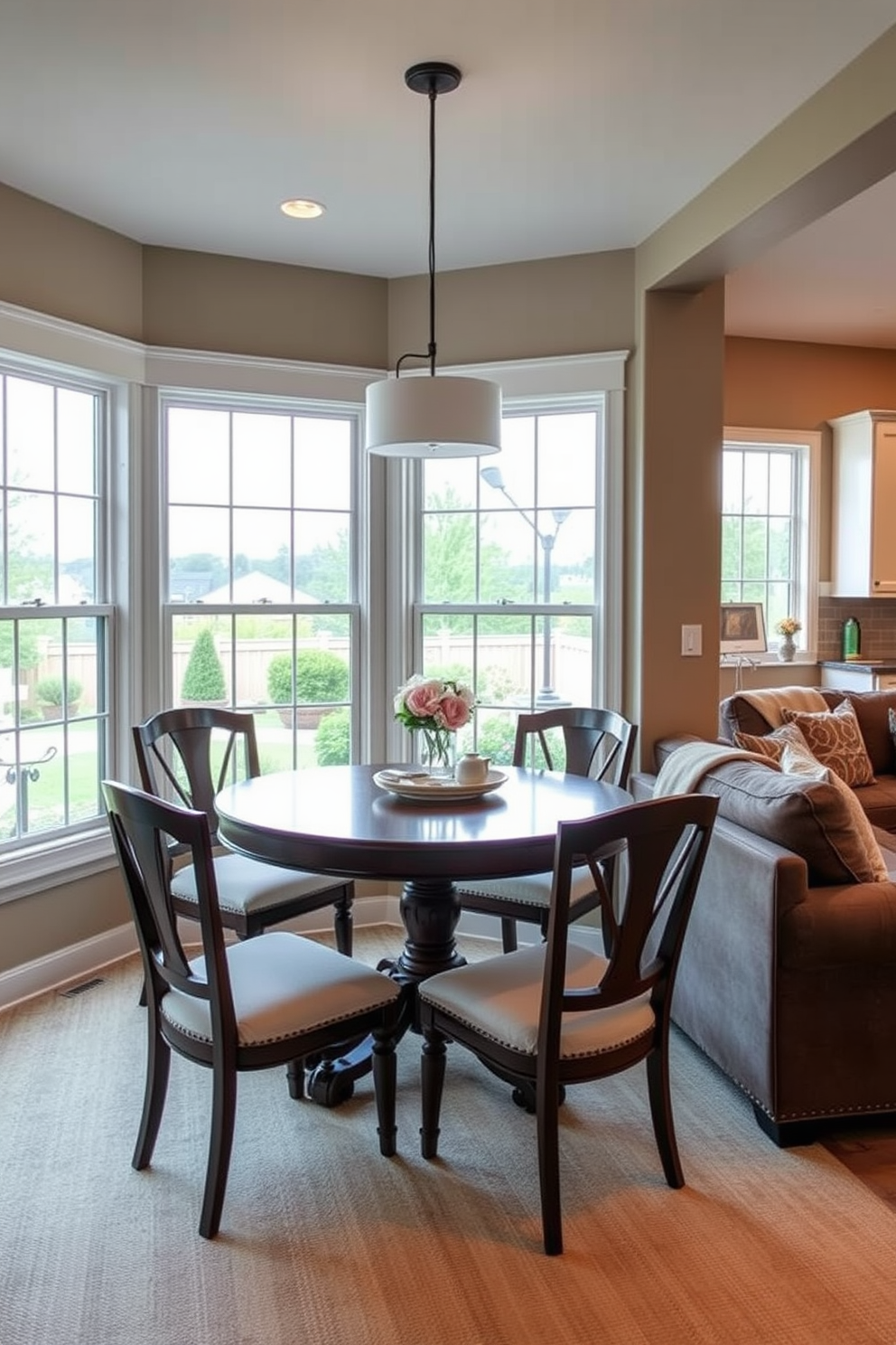 Charming breakfast nook with views outside. A round wooden table is surrounded by cushioned chairs, and large windows let in natural light while offering a scenic view of the garden. L-Shaped basement design ideas. The space features a cozy seating area with a sectional sofa, a small kitchenette in one corner, and soft lighting that creates an inviting atmosphere.