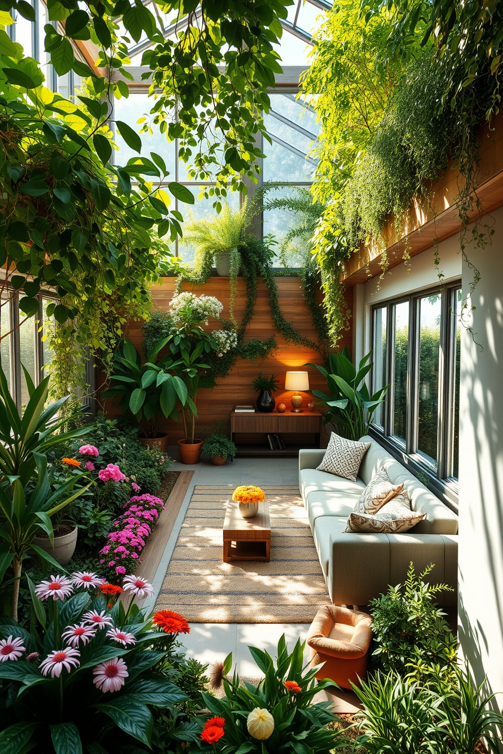 A sustainable garden space filled with lush greenery and vibrant flowers. Sunlight streams in from large windows, creating a warm and inviting atmosphere. An L-shaped basement designed for multifunctional use with cozy seating areas and stylish decor. Soft lighting enhances the space, making it perfect for relaxation and entertainment.