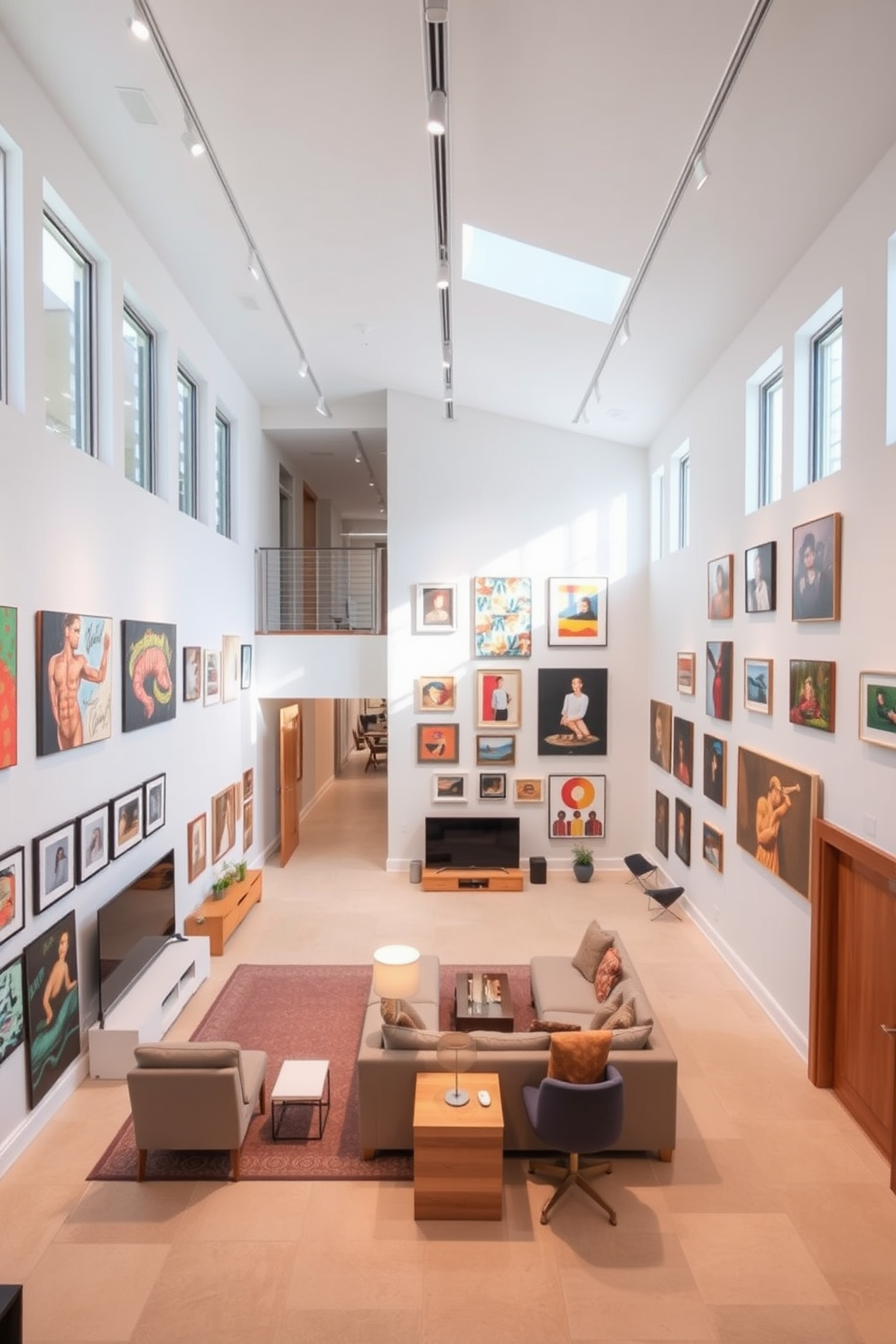 A contemporary art gallery featuring a spacious layout with high ceilings and ample natural light. The walls are painted in a crisp white, showcasing an array of vibrant artwork, while sleek track lighting highlights each piece. The L-shaped basement design incorporates a cozy lounge area with plush seating and a modern entertainment center. The space also includes a small kitchenette and a dedicated area for a home office, all accented with warm wood finishes and stylish decor.