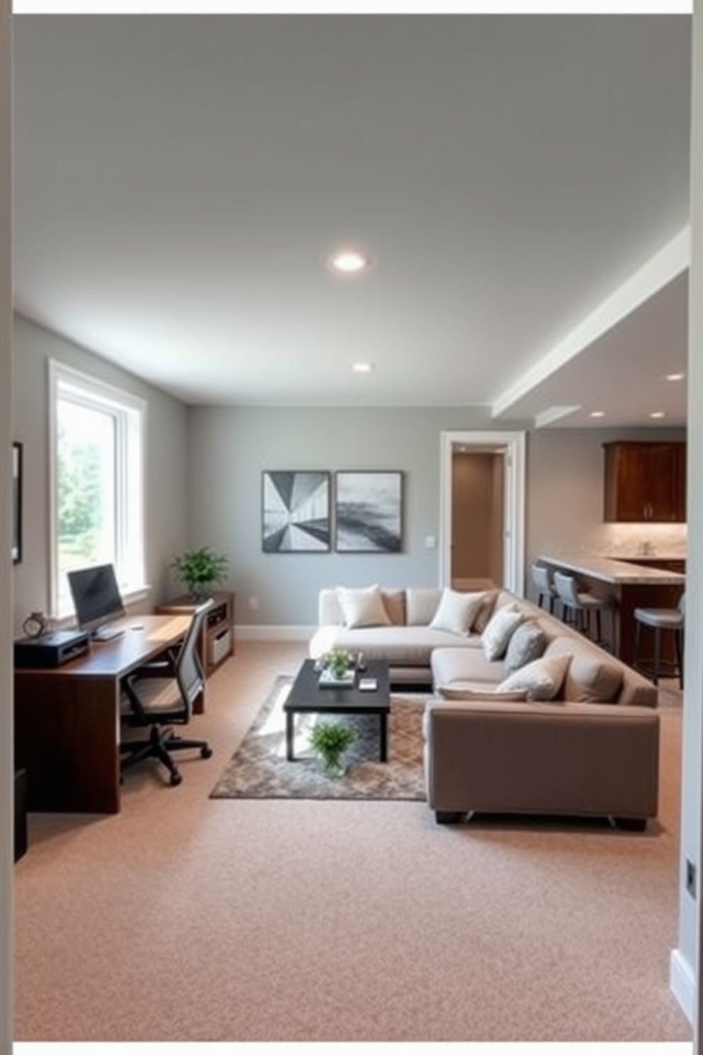 A stylish home office with natural light features a sleek wooden desk positioned by a large window that allows sunlight to flood the space. The walls are painted in a soft gray, and a comfortable ergonomic chair complements the modern aesthetic. L-shaped basement design ideas include a cozy seating area with a plush sectional sofa and a coffee table in the center. The space is illuminated with recessed lighting and accented by a bar area with high stools, creating an inviting atmosphere for relaxation and entertainment.