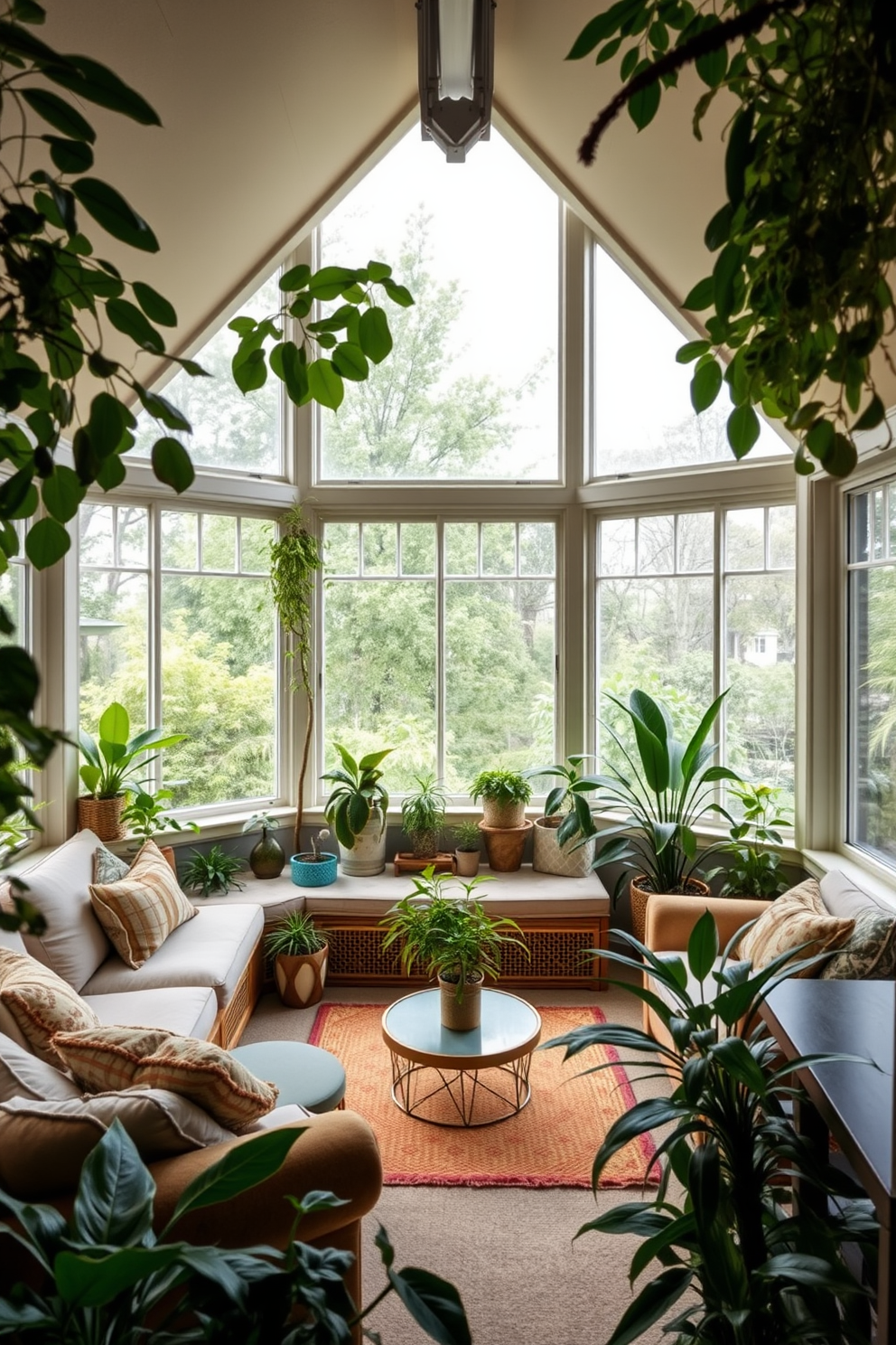 Relaxing sunroom with lots of plants. The space features large windows that allow natural light to flood in, creating a serene atmosphere filled with greenery. L-Shaped basement design ideas. The layout includes a cozy seating area with plush sofas and a small bar, perfect for entertaining guests while maintaining a warm and inviting ambiance.