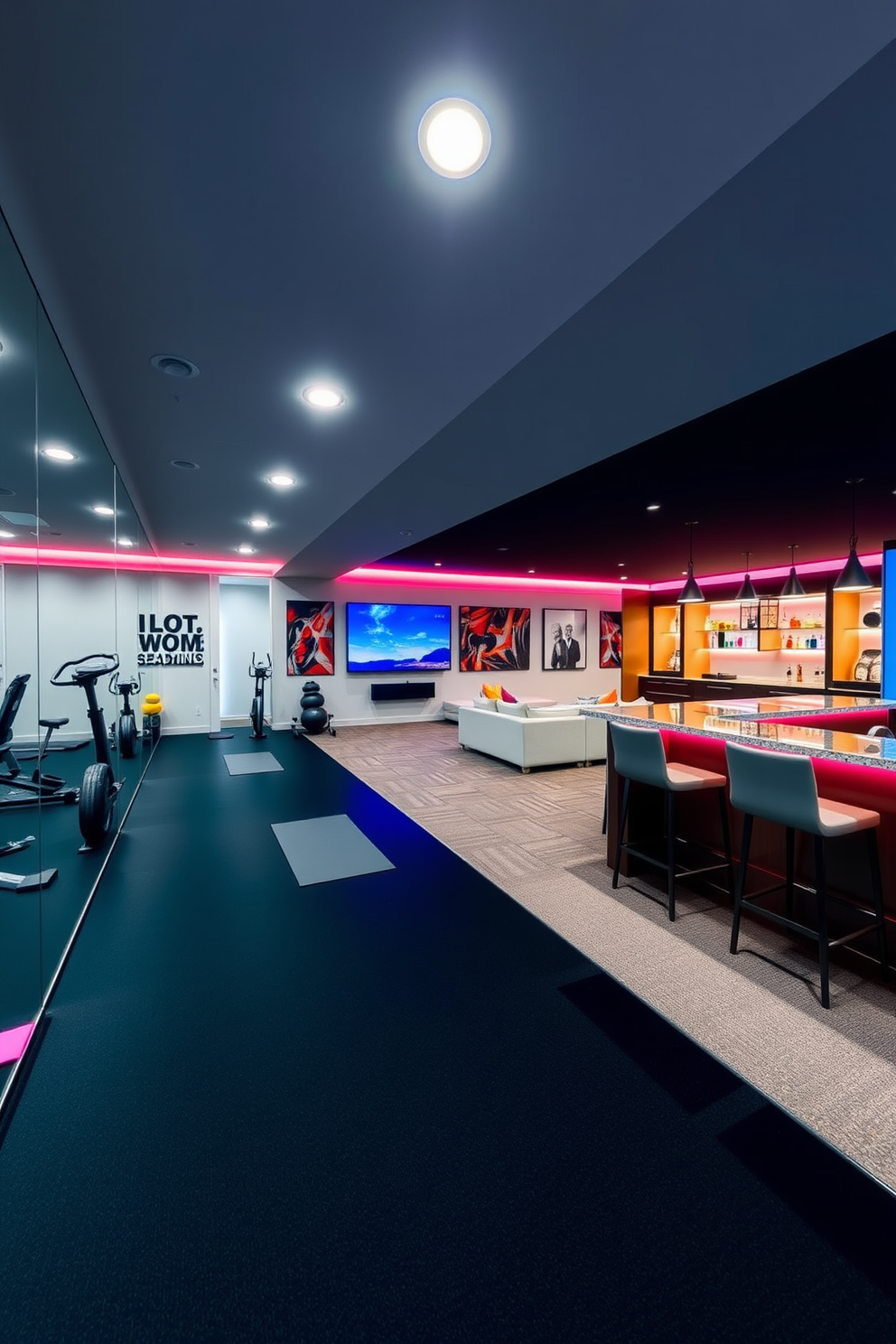 A modern gym with mirrored walls features sleek black flooring and vibrant accent colors. The space includes state-of-the-art fitness equipment, a yoga area with mats, and motivational wall art. The L-shaped basement design incorporates a cozy entertainment area with a sectional sofa and a large screen. Adjacent to it, a stylish wet bar with high stools and ambient lighting creates an inviting atmosphere for gatherings.