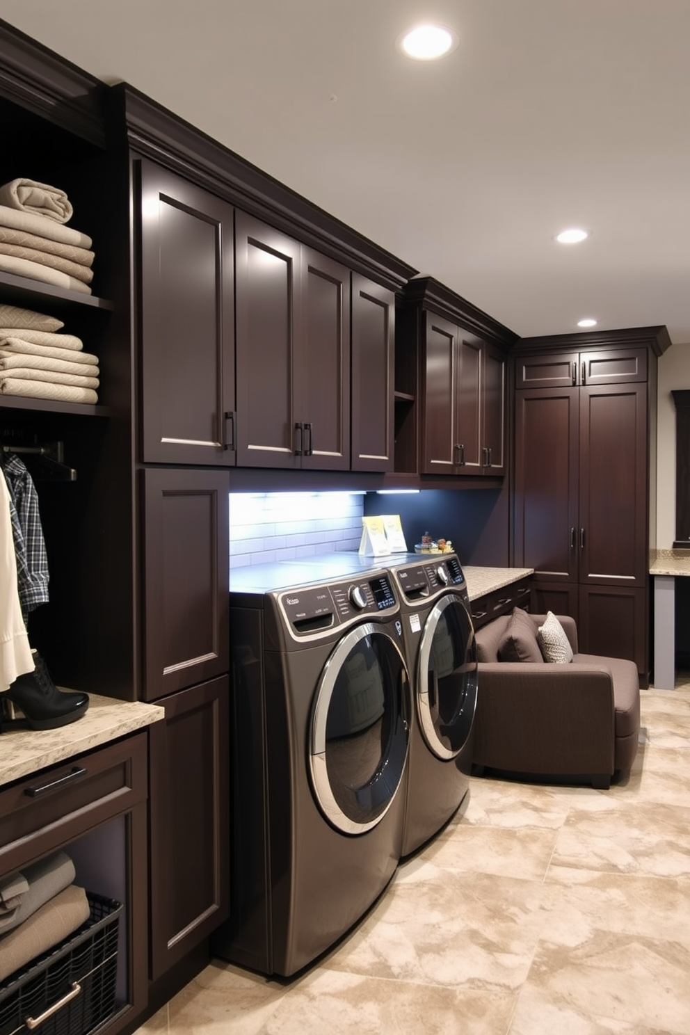 A functional laundry room featuring ample storage solutions. The space includes built-in cabinets for organization and a countertop for folding clothes. An L-shaped basement designed for both relaxation and entertainment. The area incorporates a cozy seating arrangement and a small kitchenette for convenience.