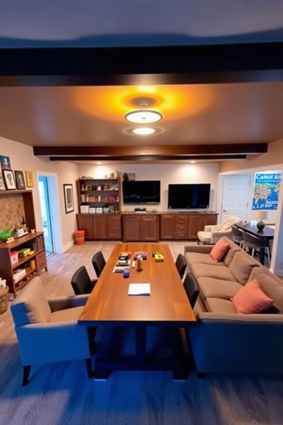 A creative craft space featuring a large wooden table surrounded by comfortable chairs. The walls are adorned with colorful artwork and shelves filled with various supplies, creating an inspiring atmosphere. An L-shaped basement designed for relaxation and entertainment. This space includes a cozy sectional sofa, a large flat-screen TV, and a small bar area with stools, all complemented by soft lighting and warm colors.