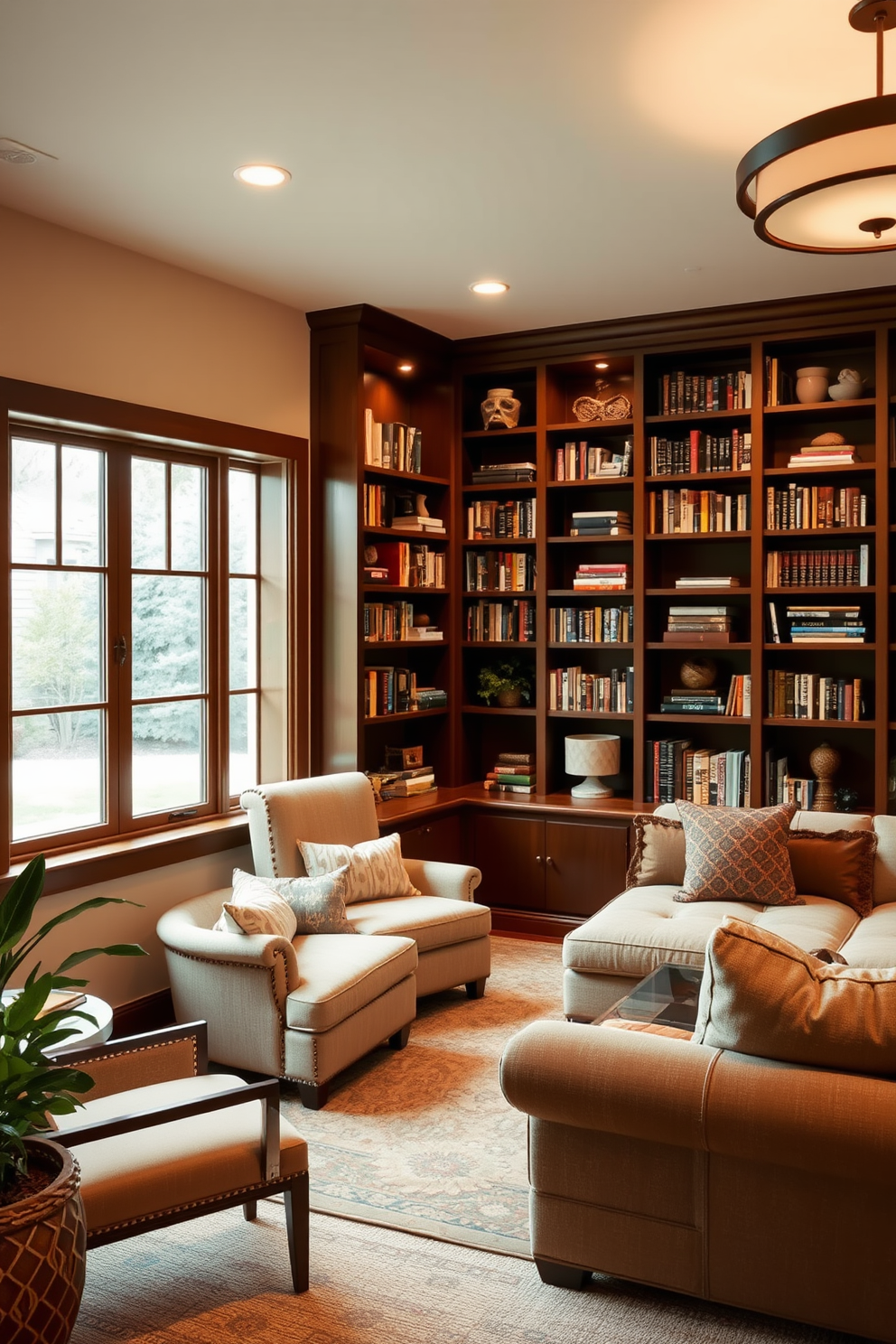 A warm reading nook with built-in shelves features a comfortable armchair upholstered in soft fabric. The shelves are filled with an array of books and decorative items, creating a cozy and inviting atmosphere. The L-shaped basement design includes a spacious seating area with a sectional sofa and a coffee table. Large windows allow natural light to flood the space, while stylish lighting fixtures add a modern touch.