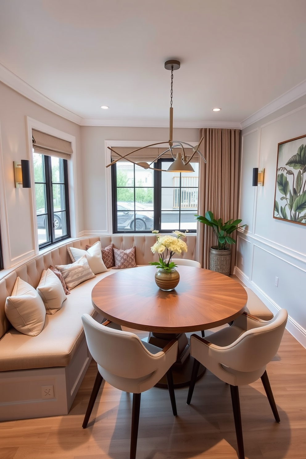 Cozy corner banquette seating arrangement with plush cushions in soft neutral tones. The space is illuminated by warm pendant lights, creating an inviting atmosphere for family gatherings. L-shaped dining room design featuring a sleek wooden table surrounded by elegant chairs. Large windows allow natural light to flood the room, enhancing the warm color palette of the decor.