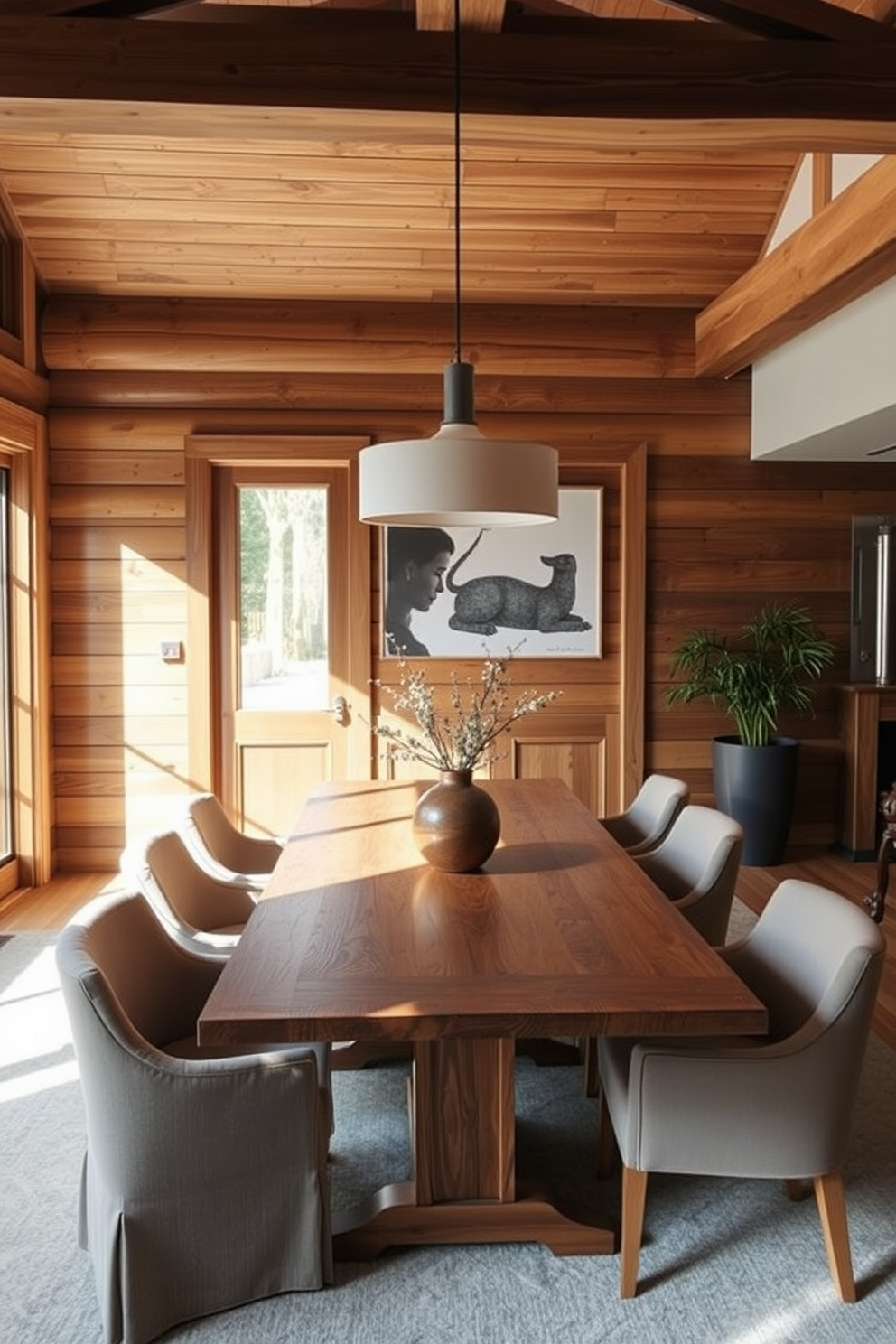 A cozy L-shaped dining room featuring natural wood accents for warmth. The space includes a large wooden dining table surrounded by upholstered chairs, with a statement pendant light hanging above.