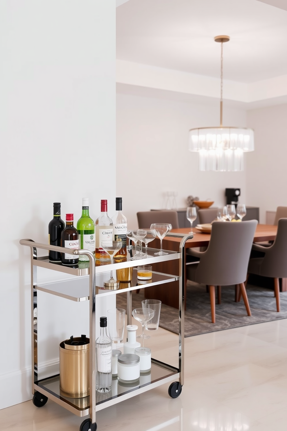 A stylish bar cart is positioned in the corner of an L-shaped dining room. The cart features a sleek metallic frame with glass shelves, adorned with an array of premium spirits and elegant glassware. The dining area is defined by a modern wooden table surrounded by upholstered chairs in a complementary color. Soft ambient lighting from a statement chandelier enhances the inviting atmosphere of the space.