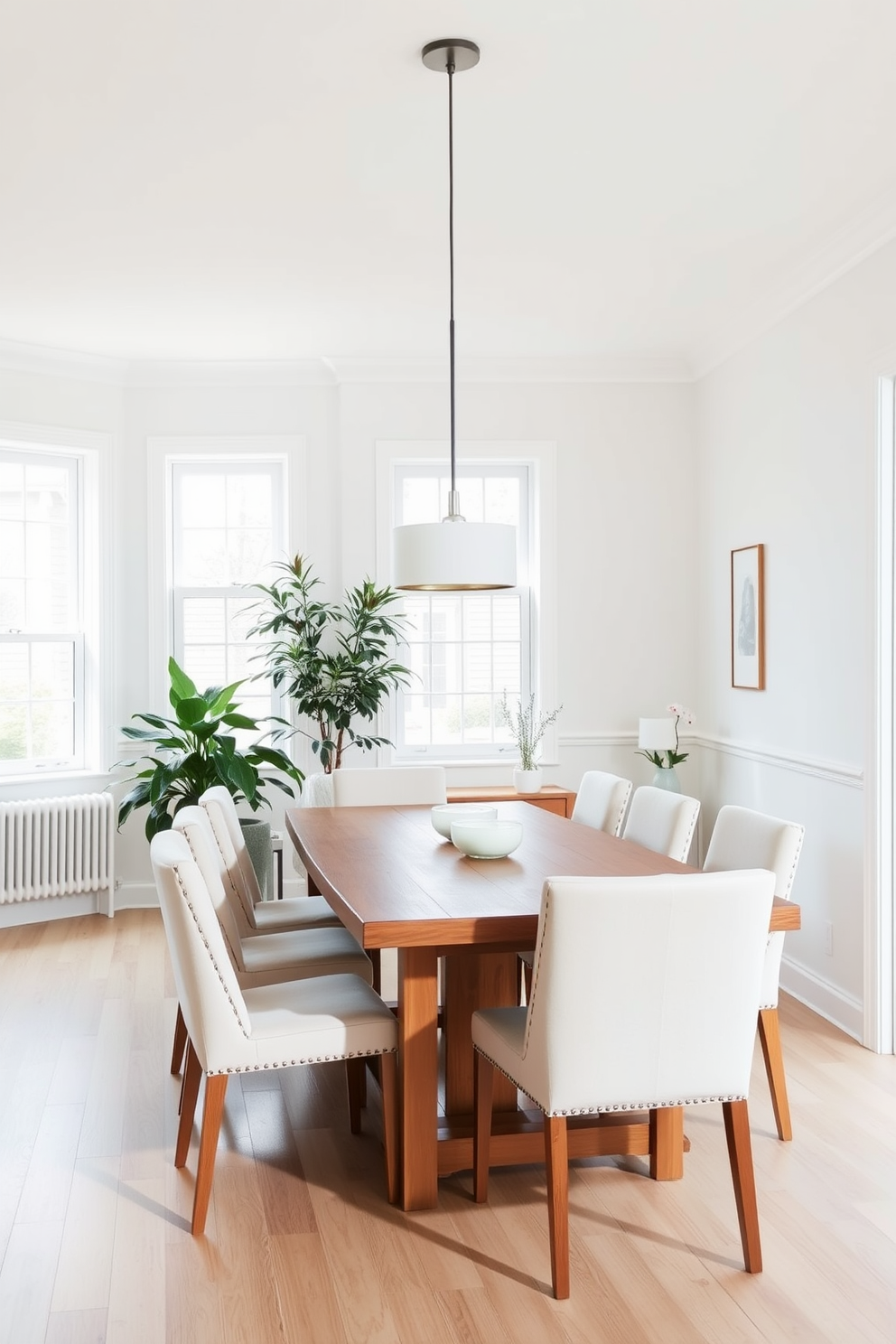 A bright and airy L-shaped dining room filled with natural light. The space features a large wooden dining table surrounded by upholstered chairs in soft neutral tones. In one corner, a tall indoor plant adds a touch of greenery, while a smaller potted plant sits on a side table. The walls are painted in a light pastel hue, and a stylish pendant light hangs above the table, creating an inviting atmosphere.