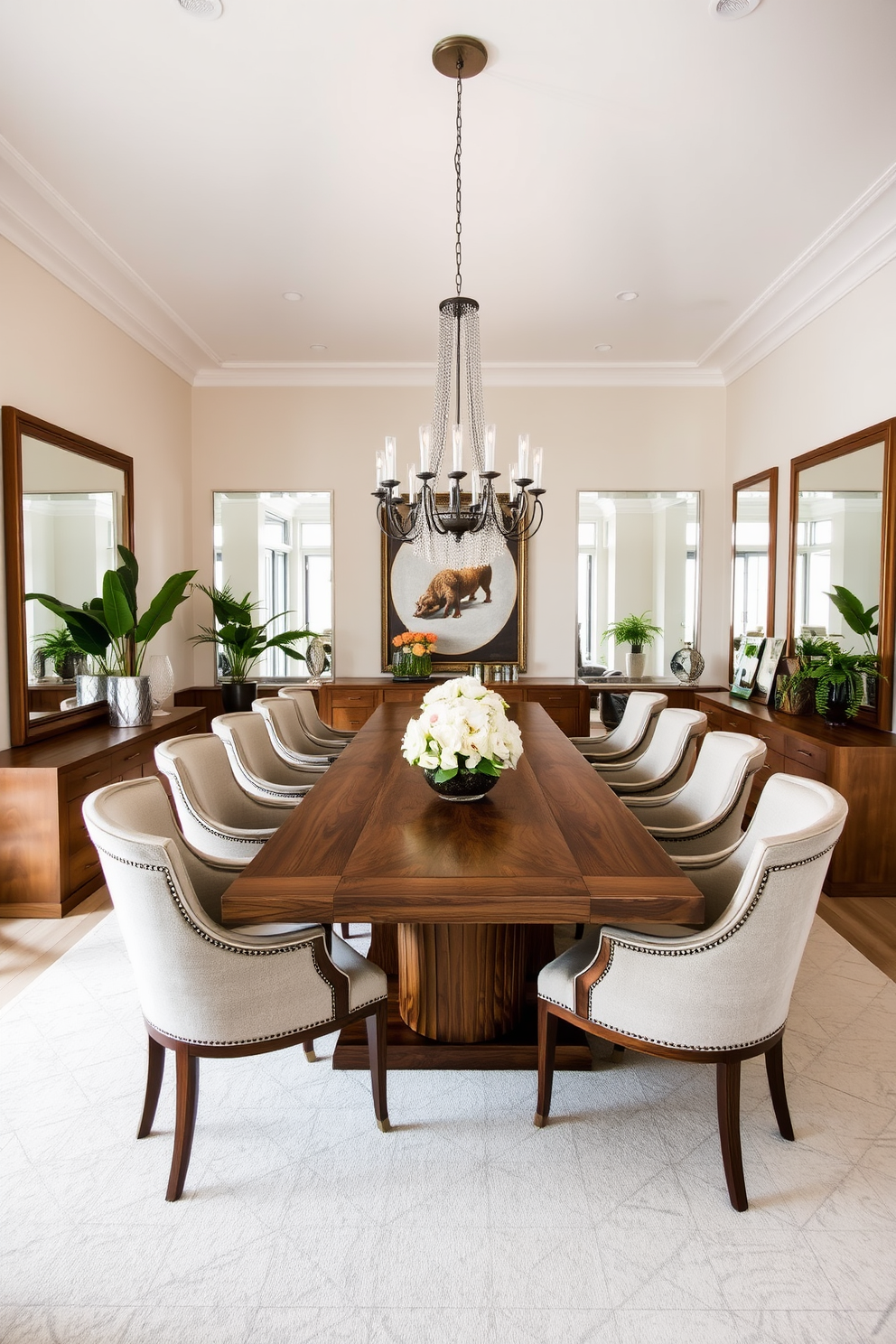 A spacious L-shaped dining room features a large wooden table surrounded by elegant upholstered chairs. Large mirrors adorn the walls, reflecting natural light and creating an airy atmosphere. The color palette includes soft neutrals with pops of greenery from indoor plants. A striking chandelier hangs above the table, adding a touch of sophistication to the space.