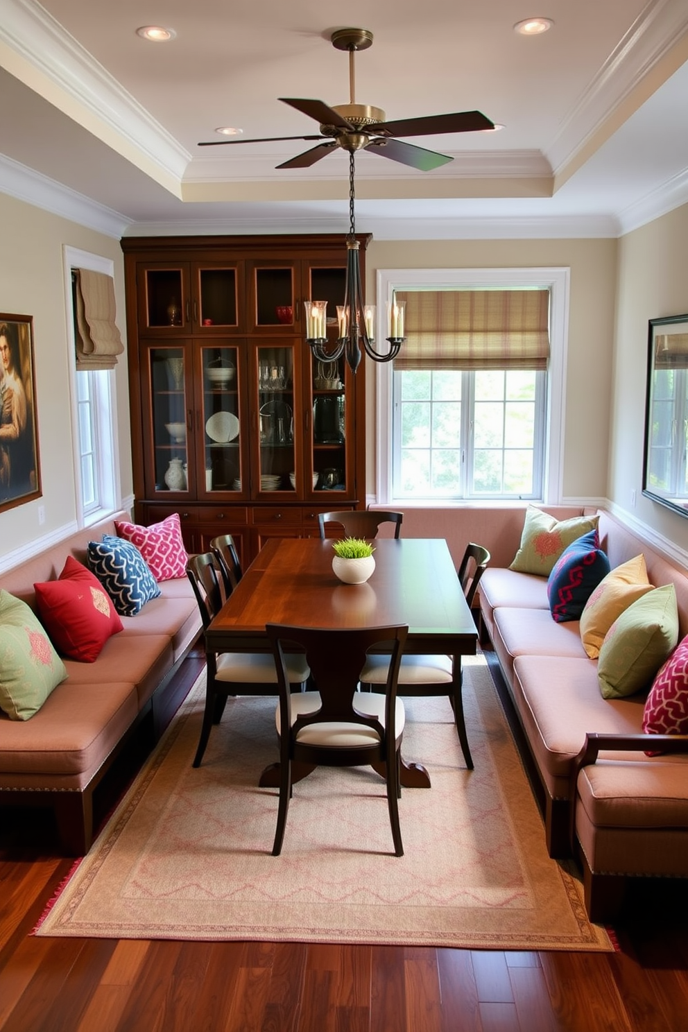 Create a cozy L-shaped dining room featuring built-in benches along the walls for extra seating. The benches are upholstered in soft fabric with colorful throw pillows, and a large wooden dining table sits at the center, surrounded by elegant chairs.