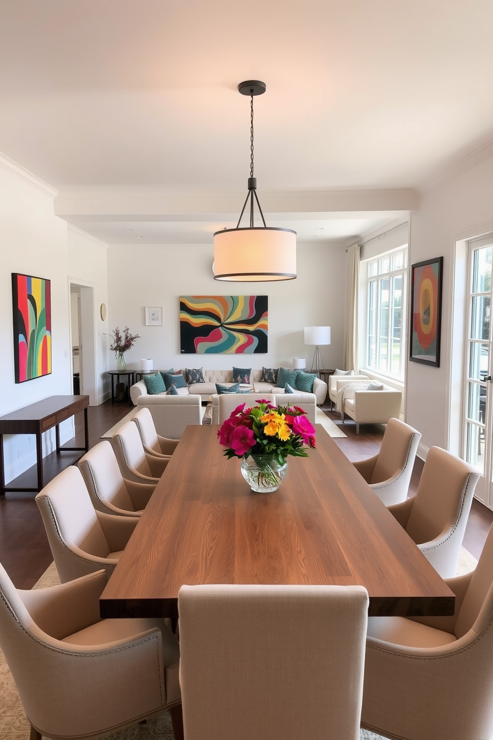 A spacious L-shaped dining room with a neutral palette features a large wooden table surrounded by upholstered chairs in soft beige. Colorful accents are introduced through vibrant artwork on the walls and a centerpiece of fresh flowers in bright hues on the table. The room is illuminated by a stylish pendant light hanging above the table, casting a warm glow over the space. Large windows allow natural light to flood in, enhancing the inviting atmosphere of the dining area.