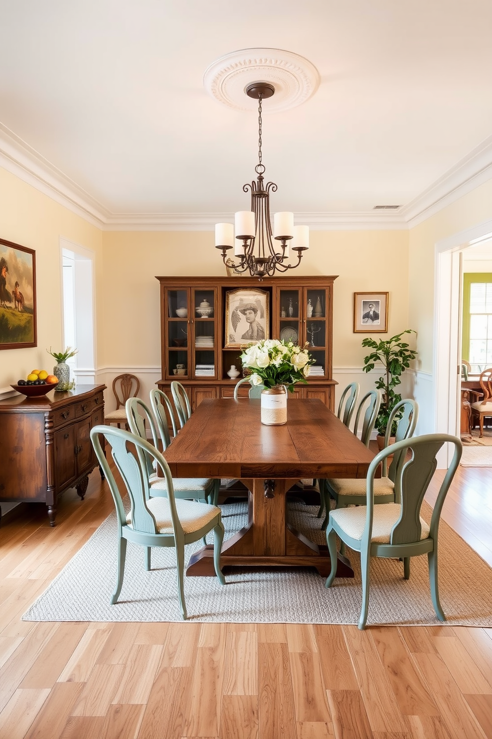 A vibrant L-shaped dining room features a large wooden table surrounded by mismatched colorful chairs that create a playful atmosphere. The walls are adorned with eclectic artwork showcasing bold colors and abstract designs, adding personality and charm to the space. Large windows allow natural light to flood in, highlighting the unique decor elements throughout the room. A stylish pendant light hangs above the table, providing a warm glow for intimate dinners and gatherings.