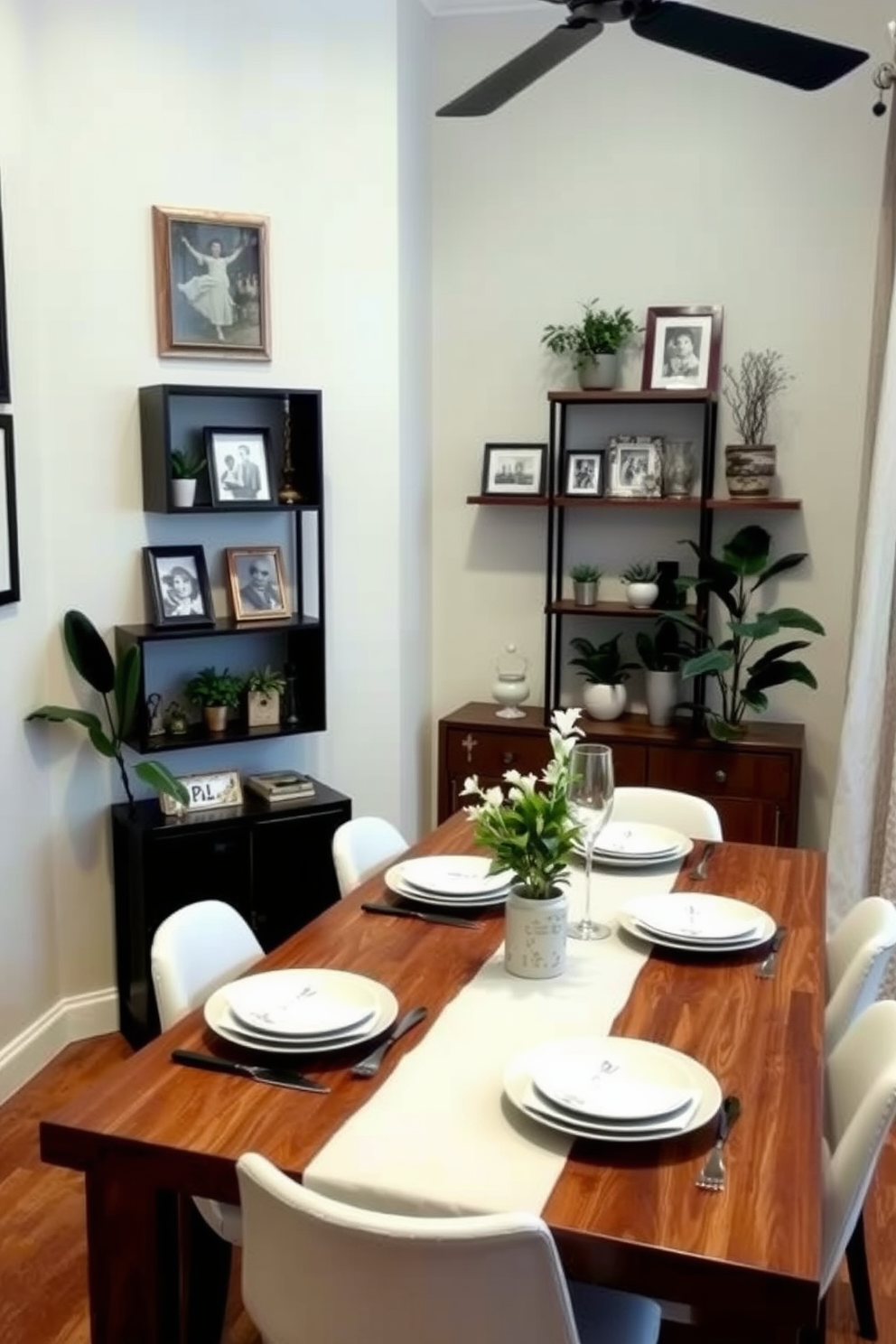 A stylish L-shaped dining room featuring a modern wooden table surrounded by upholstered chairs. Pendant lights hang elegantly above the table, creating a warm and inviting atmosphere while defining the dining space.