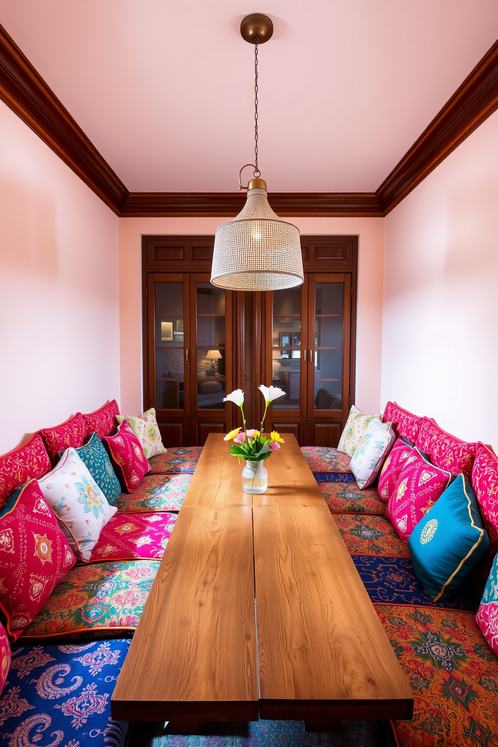 Open shelving for decorative dish display. The shelves are made of reclaimed wood, showcasing an assortment of colorful dishes and elegant glassware. L-Shaped dining room design ideas. The dining table is positioned in the corner, surrounded by plush upholstered chairs, with a statement chandelier hanging above to create a cozy atmosphere.